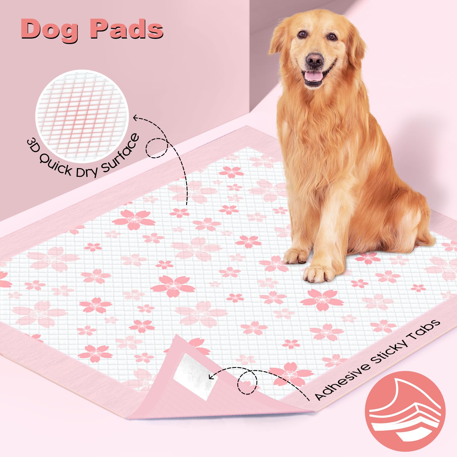 MIZOK 36x36in Puppy Pads Pink, Dog Pee Pads Leak-Proof with Quick-Dry Surface, Dog Pads Extra Large with Cherry Blossom Prints,