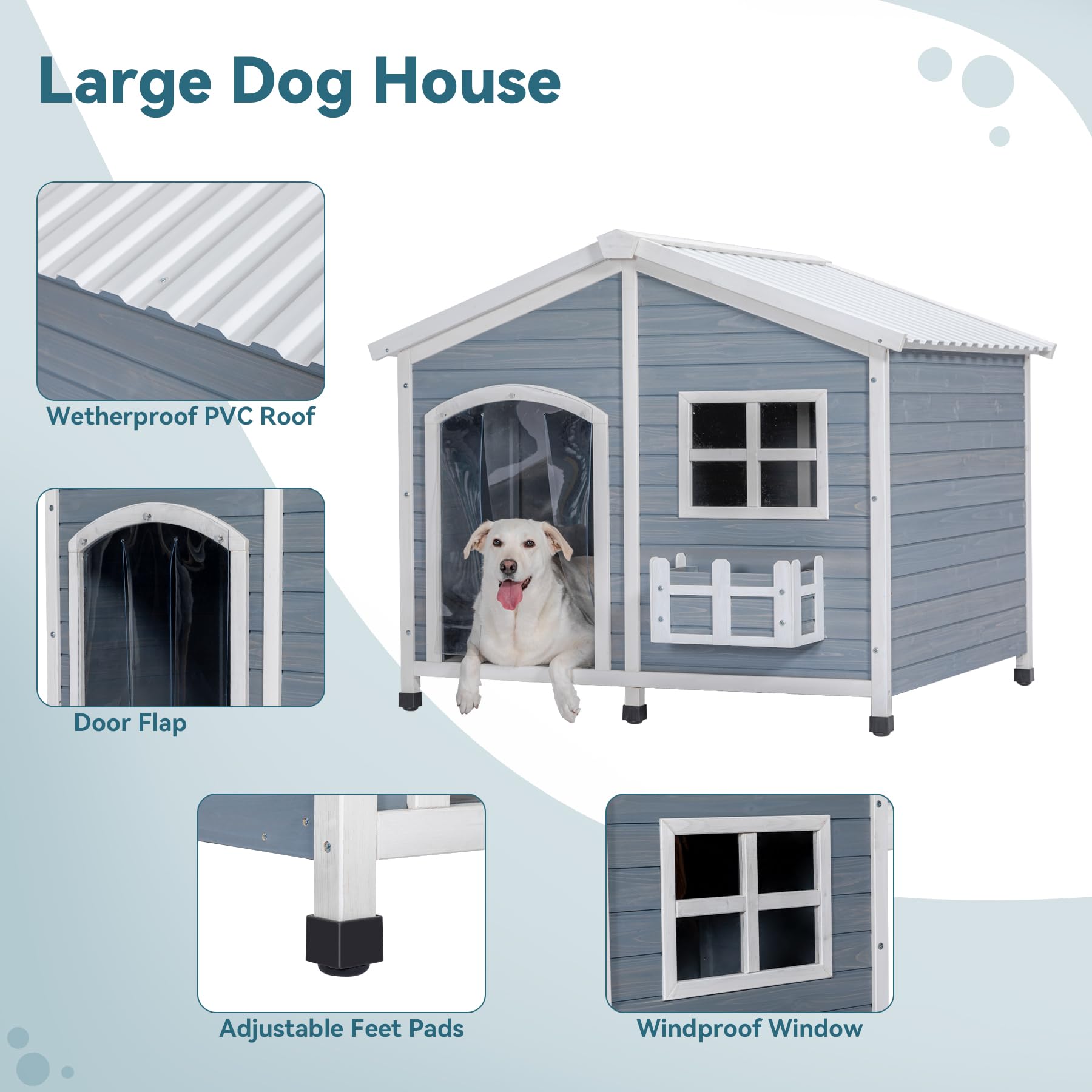 Petsfit 47" Solid Wood Dog House for 2 Medium Dogs, Waterproof PVC Roof, Easy-Clean, Gray, Model DHWC007026A1Z2B