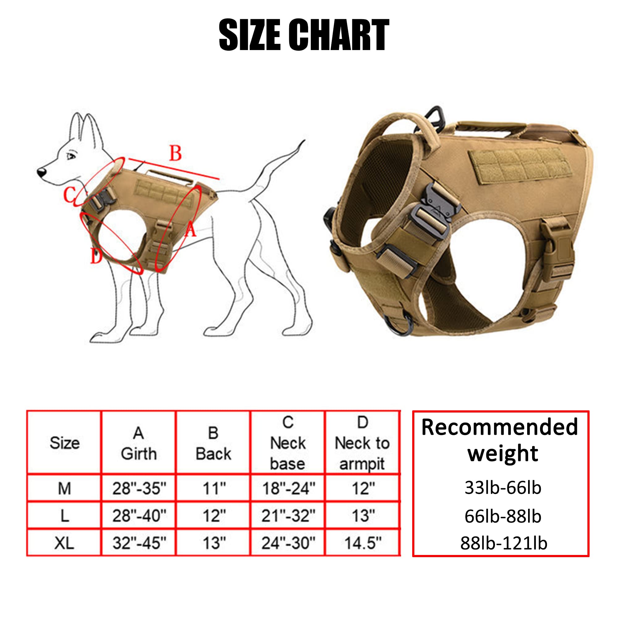 Tactical Dog Harness For Medium And Large Dogs No Pull Adjustable Dog Vest For Training Hunting Walking Military Dog Harness With Handle Service Dog Vest With Molle Panels Khaki,M,With 2 Pouches