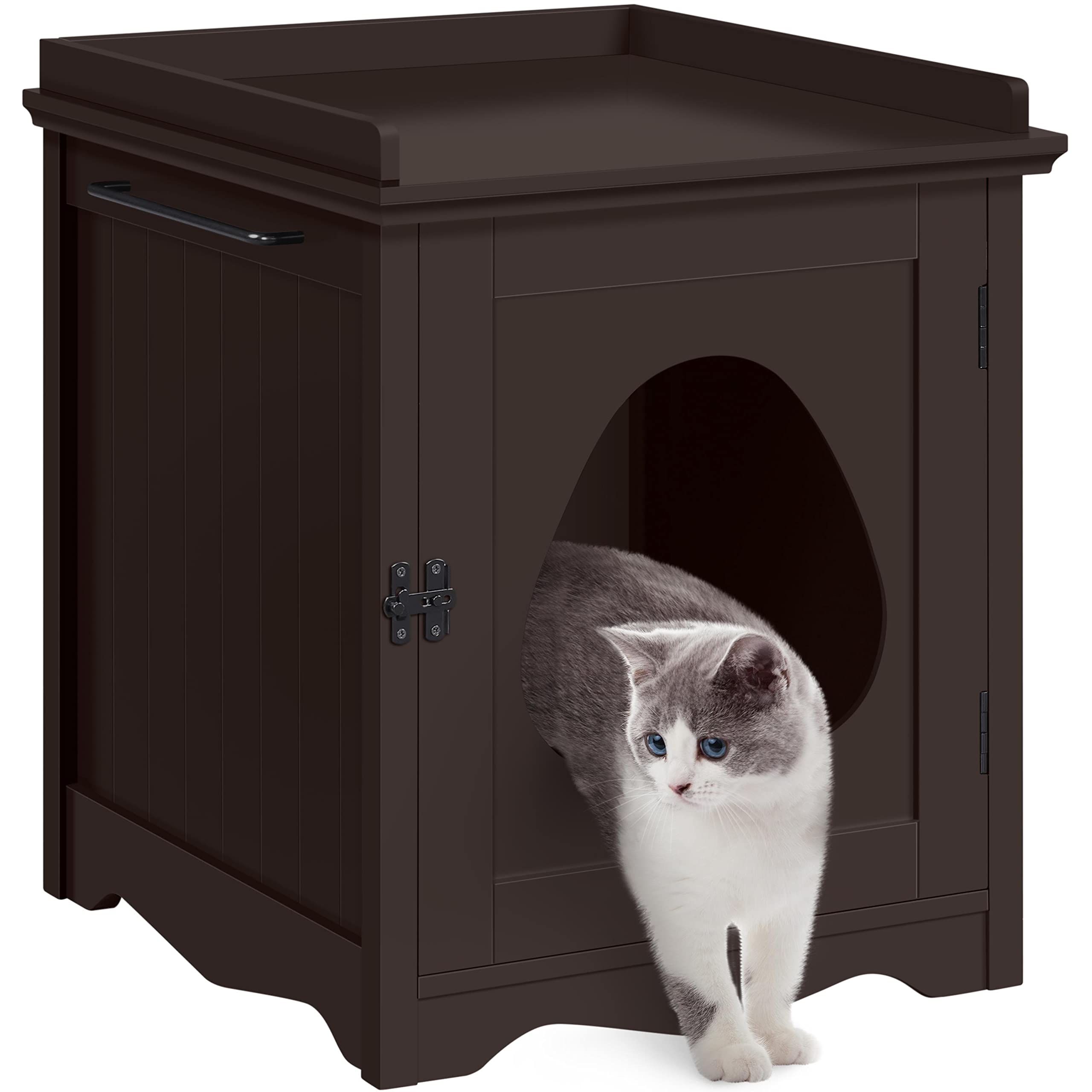 Yaheetech Cat Litter Box Enclosure, Hidden Litter Box Furniture With Side Towel Bar, Wooden Cat Washroom, Storage Cabinet, Indoo