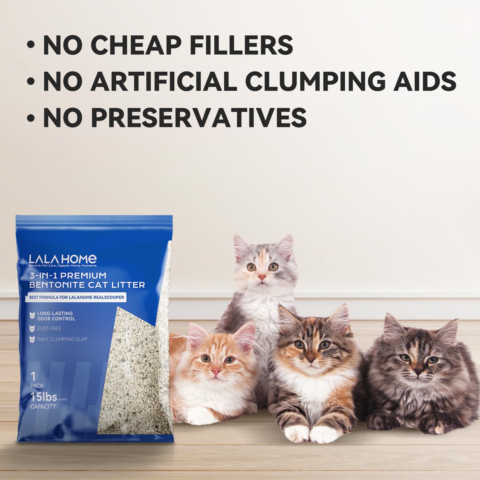 LALAHOME Premium Bentonite Cat Litter - 15 lb Sand, Dust-Free, Odor Control, Natural Mineral Formula for RealScooper