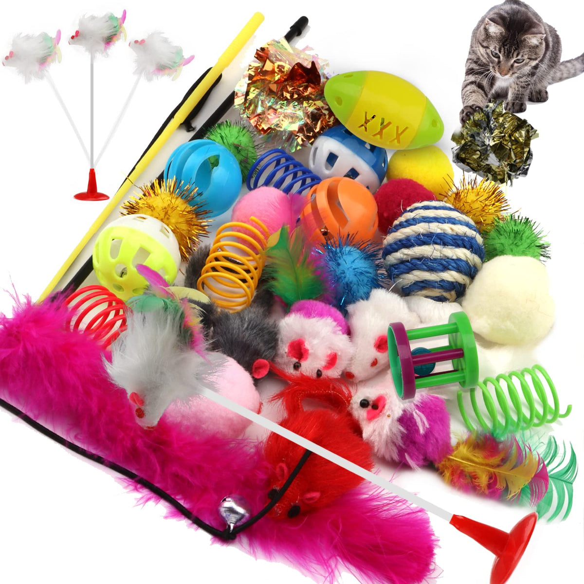 Cat Toys Kitten Toys Assortments, 32 Packs Cat Toys Variety Pack For Kitty, Cat Balls With Bells,Cat Feather Toy, Cat Mouse Toy,