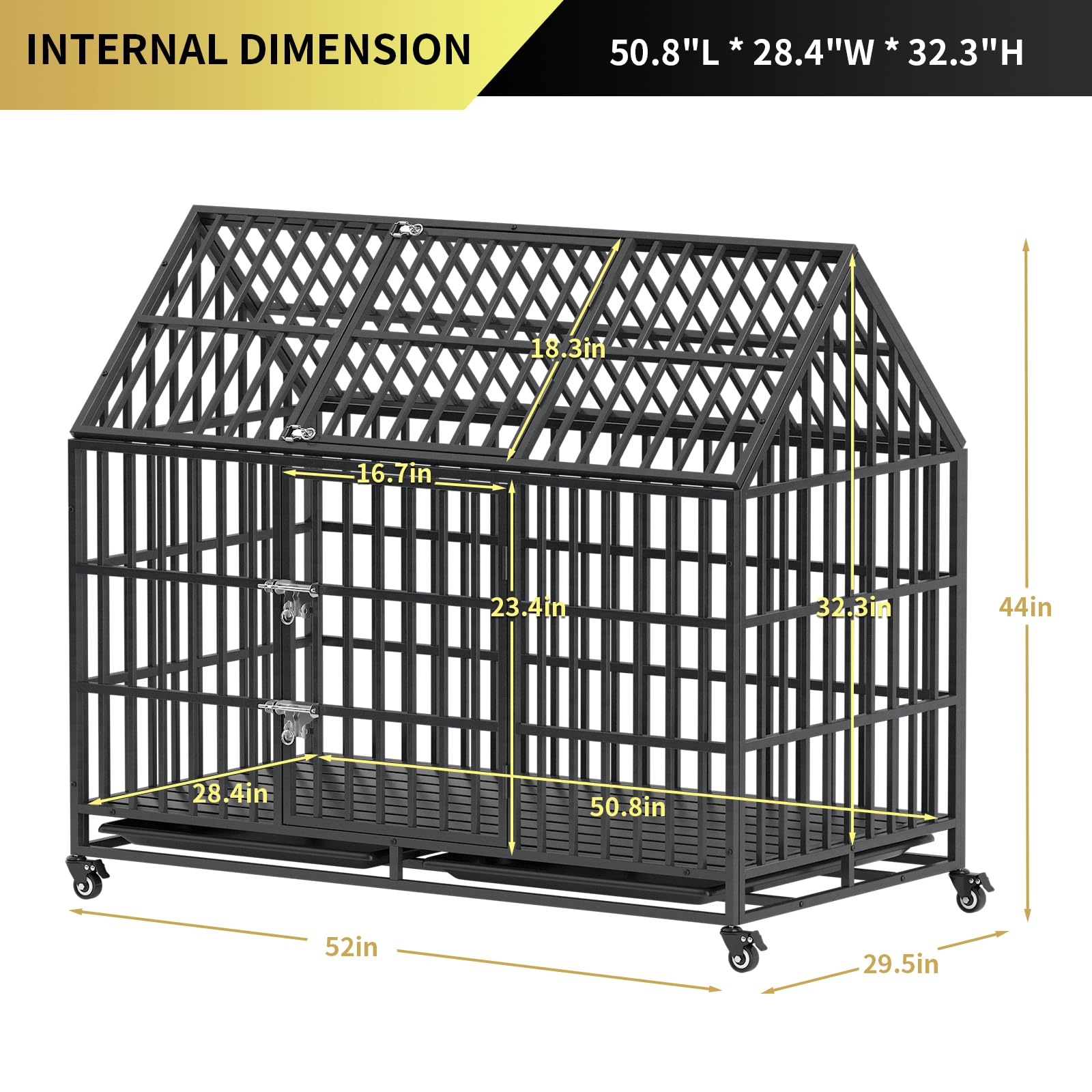 52 Inch Heavy Duty Dog Crate Extra Large Dog Cage Kennel, Indestructible Xxl Dog Crate With Open Roof Top, Trays And Wheels, Esc