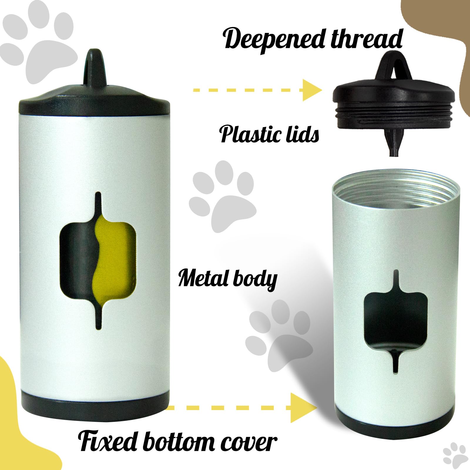 Shaouman Metal Dog Poop Bags Holder Aluminum Poo Bags Dispenser With 15 Black Unscented Pet Waste Bags And 3 Leash Accessories For Dog Walking(1 Holder 15 Bags,Silver)