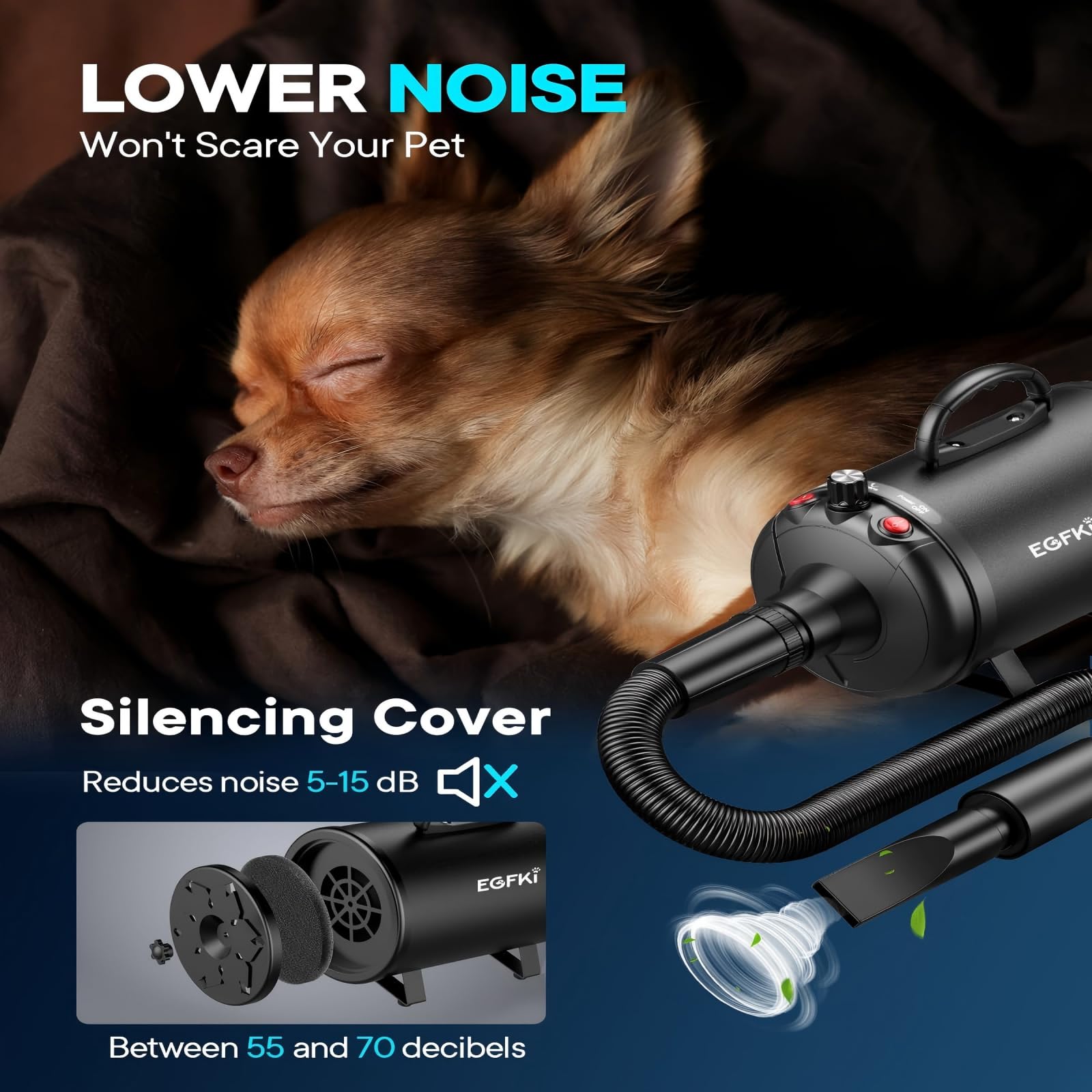 EGFKI Dog Dryer 5.2HP High Velocity Hair Blower with 4 Nozzles, Adjustable Speed & Temperature, Dark Black Pet Grooming Tool