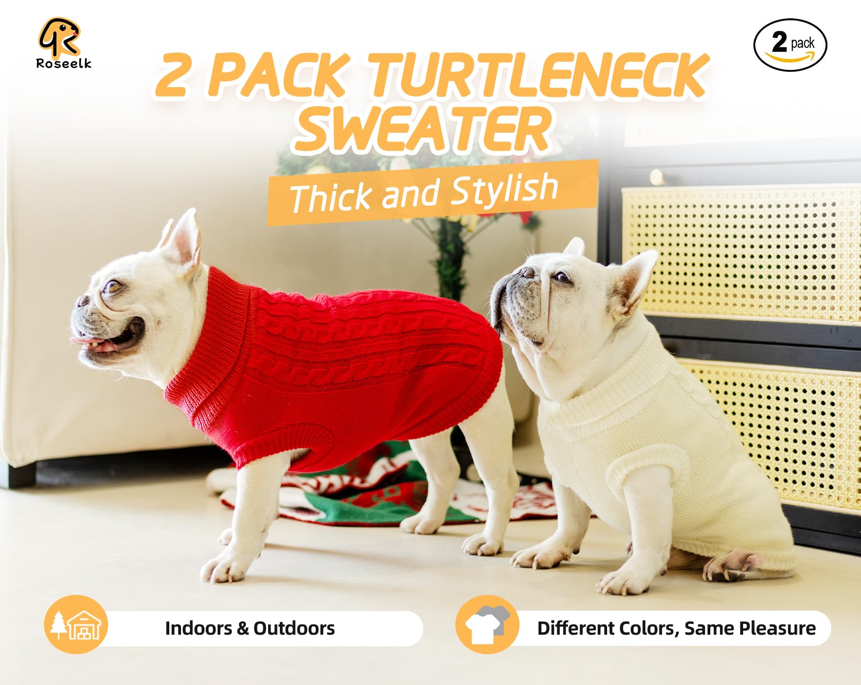 Roseelk 2 Pack Dog Sweaters For Small Dogs - Puppy Medium Warm Clothes In Winter, Turtleneck Pullover Design For Boy Girl Pet, Doggie, Cat, Kitten Chihuahua Bulldog Pug Beagles (S, Red, Beige)