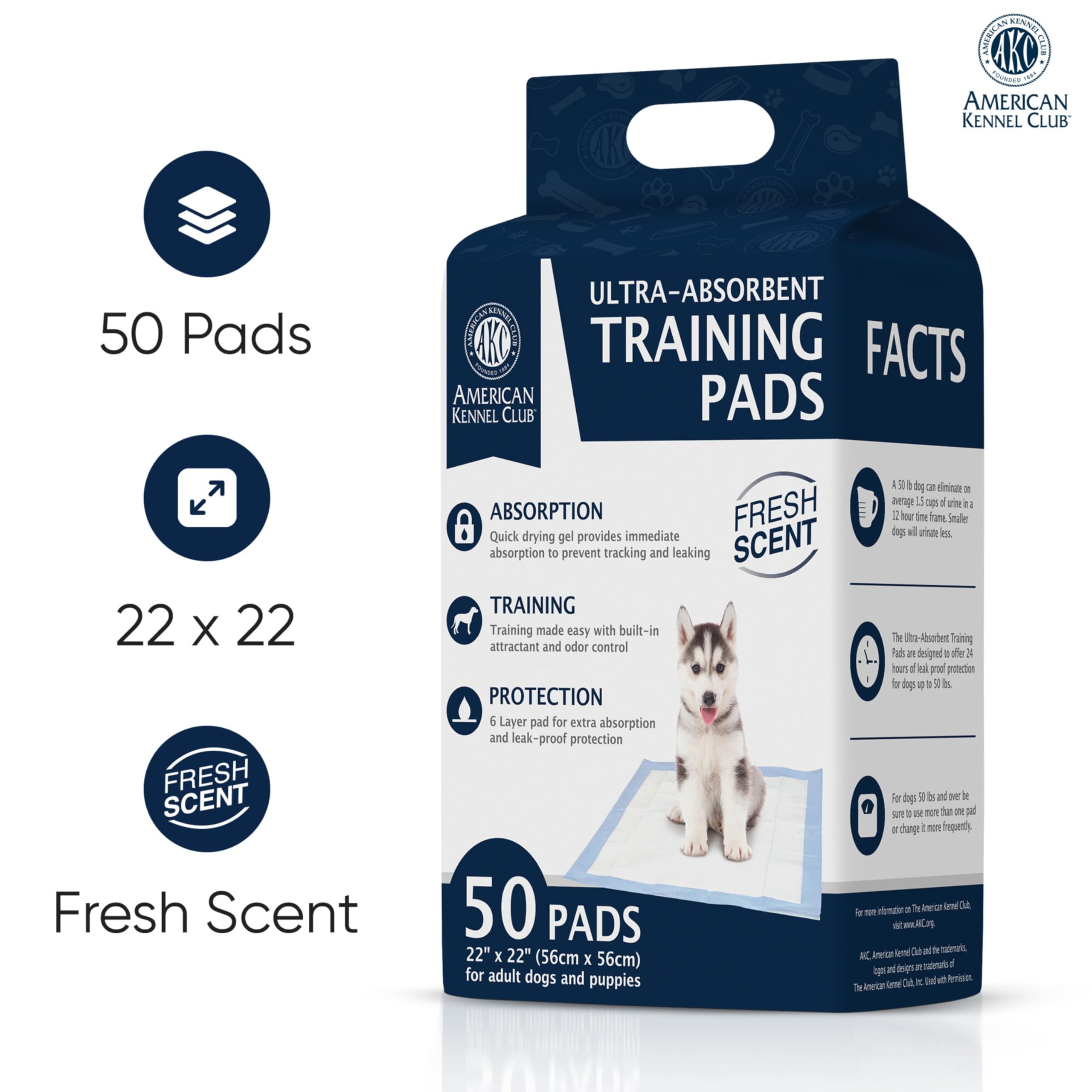 American Kennel Club Scented Puppy Training Pads With Ultra Absorbent Quick Dry Gel – 22 X 22 Puppy Pads - Fresh Scented - Pack Of 50