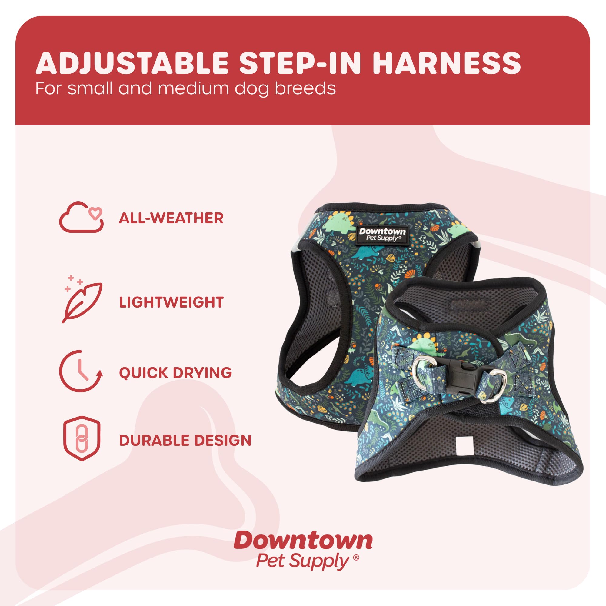 Downtown Pet Supply Step In Dog Harness For Small Dogs, No Pull, Small, Dinosaur - Adjustable, Reflective Trim, Padded Mesh Fabr