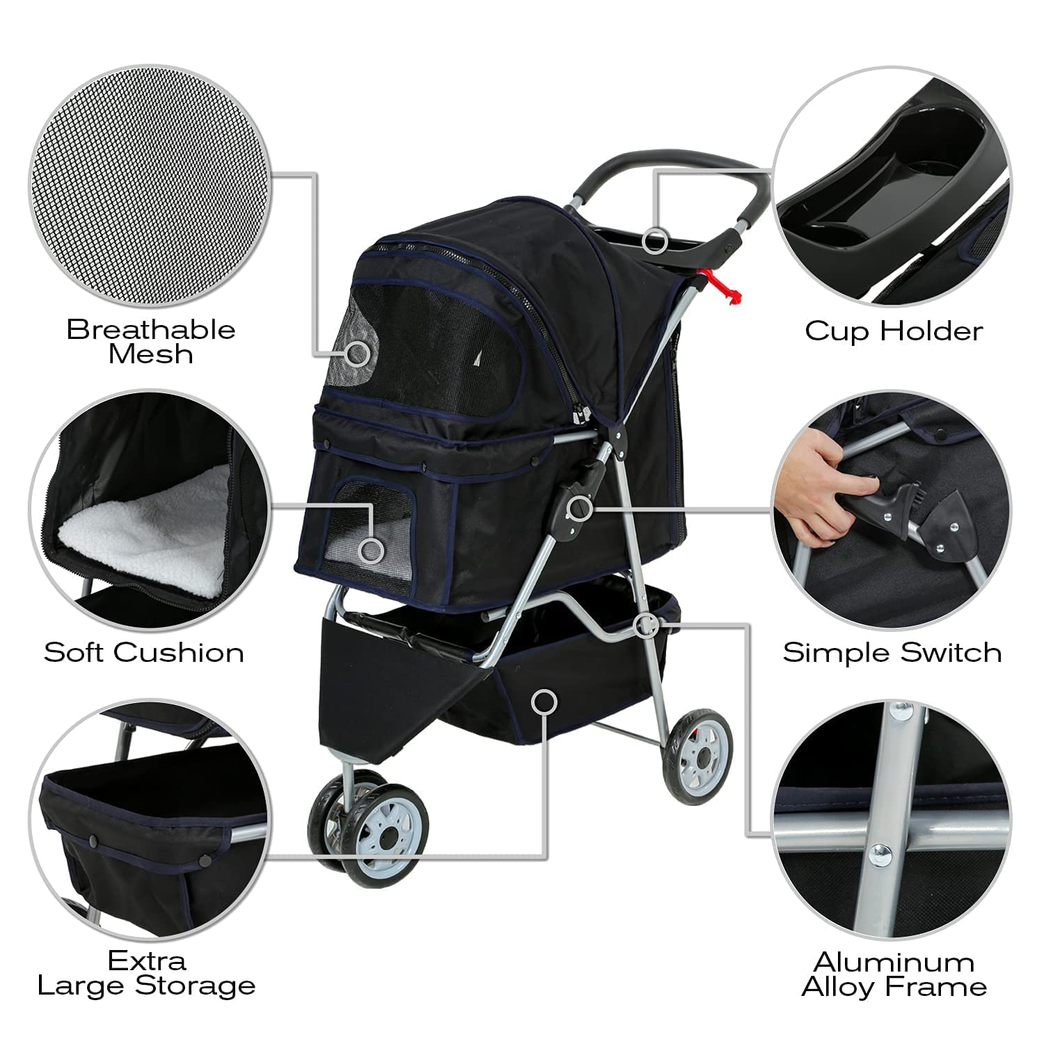 Hcy Folding Dog Stroller, 3 Wheels Pet Strollers Pet Gear For Small Medium Cats Dogs Puppy With Storage Basket, Cup Holder,Lightweight-Black, 35X17X38 Inch