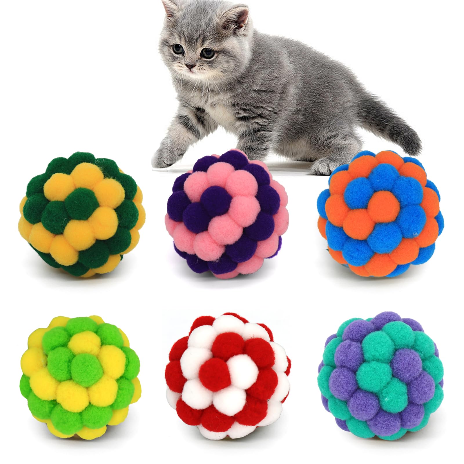 WaoDoing Cat Balls, 2 Inches Soft Fuzzy Balls, 6-Pack Large Ball Toys for Cat Kitten