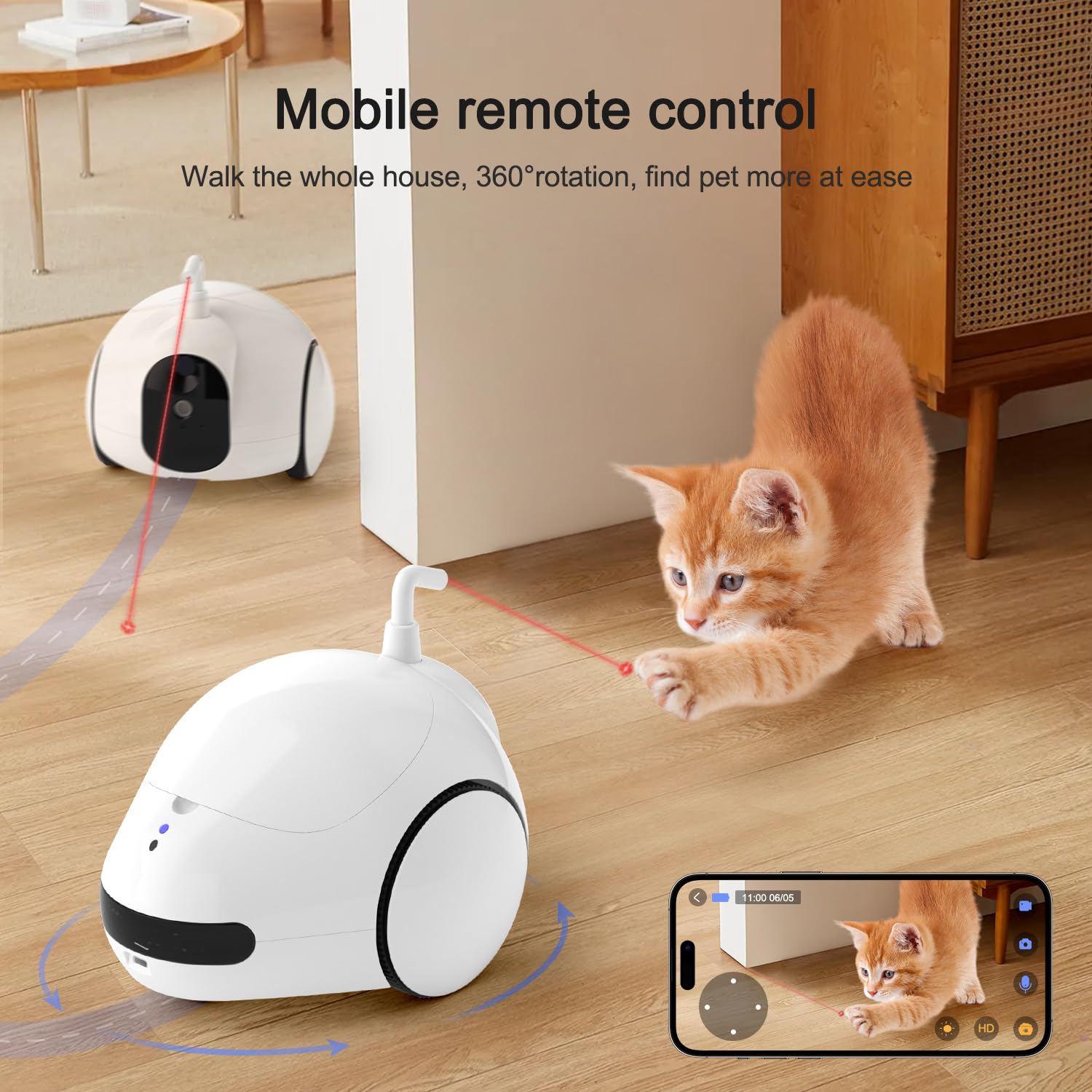 Pumpkii Pet Camera Treat Dispenser, Moving Pet Robot With Phone App, Cat Camera With Interactive Pointer Toy, Night Vision, Two-