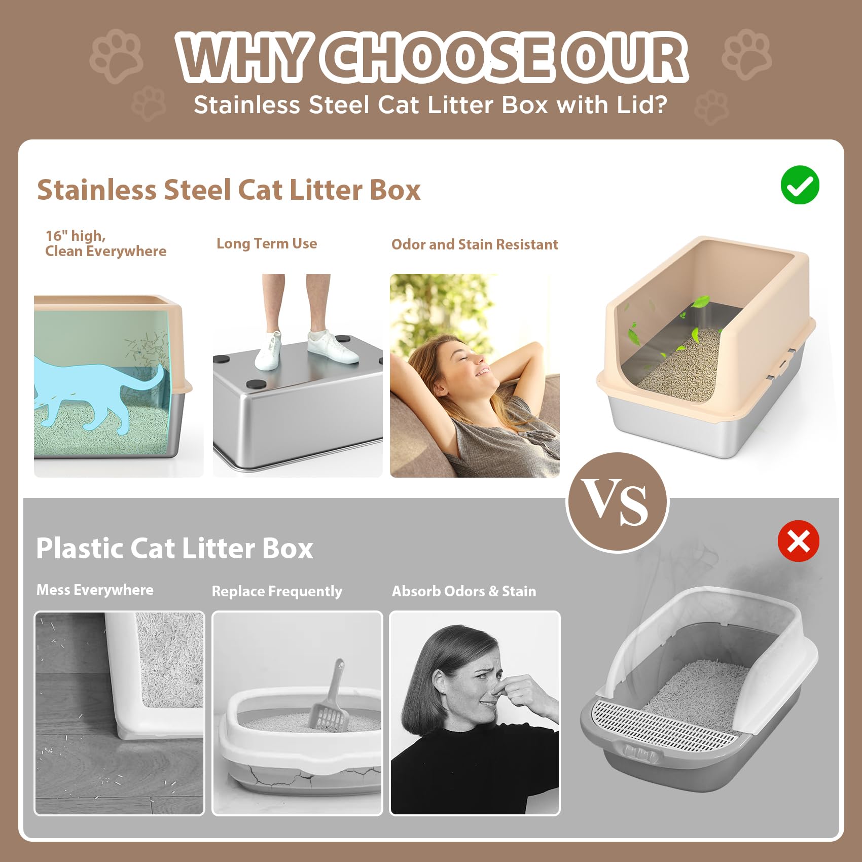 Stainless Steel Cat Litter Box, Metal Litter Box With Lid, 14 Extra Large Litter Boxes For Big Cats, High Sided Beige Cat Box