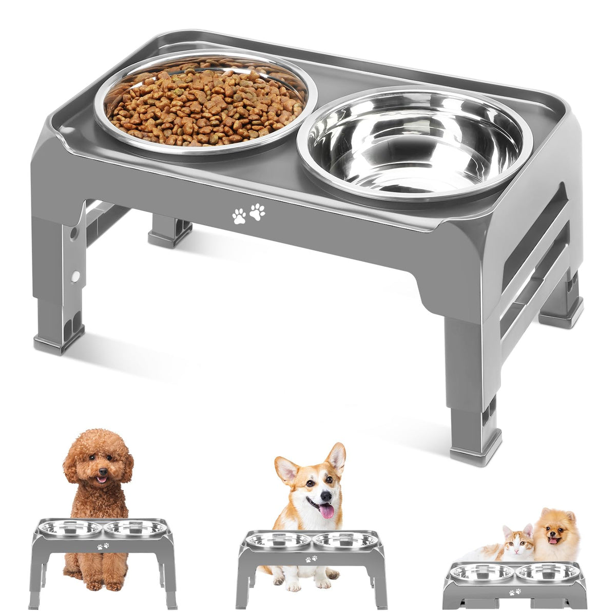 Elevated Dog Bowls For Small Medium Dogs 3 Height Adjustable Raised Dog Bowl Stand With 2 Thick 6' Stainless Steel Dog Food Bowls Non-Slip Dog Feeder Adjusts To 2.75', 6', 7.5', Grey