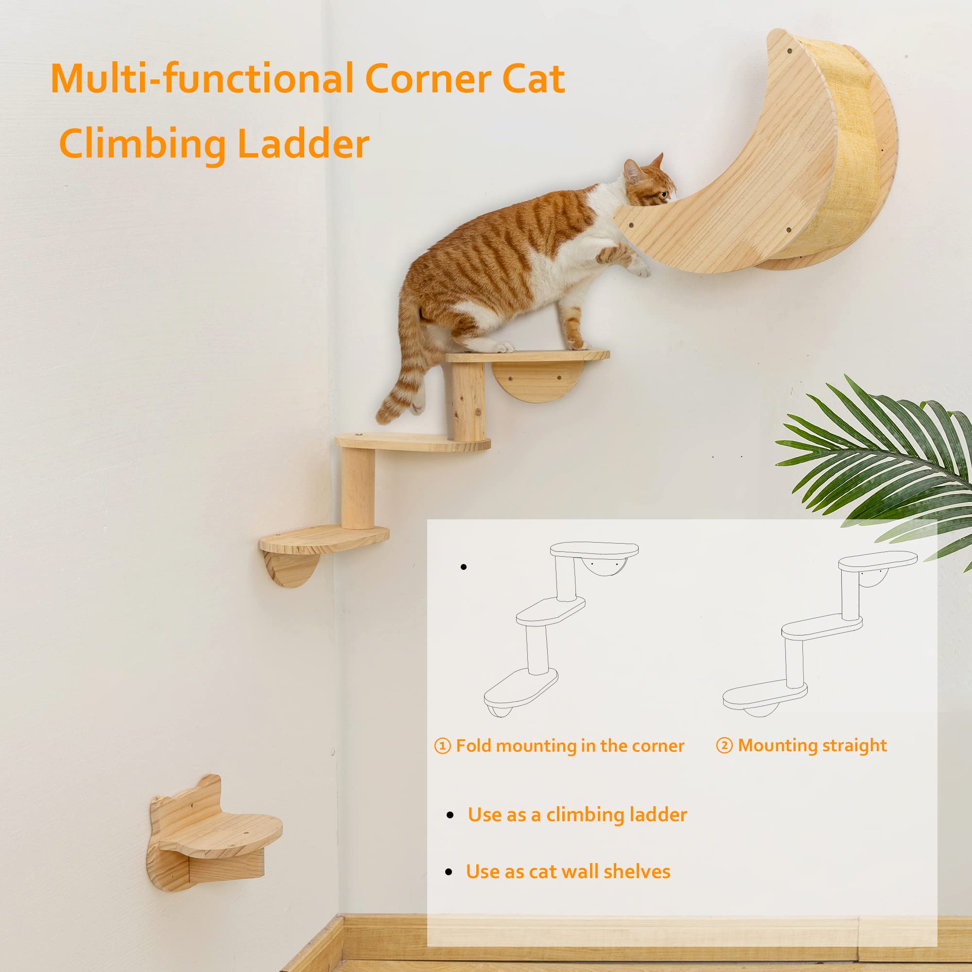Cat Shelf for Wall Mount Hammock with 3-Levels Climbing Ladder and Shelves Moon Cats Wall Furniture for Activity Indoor Kitty (3