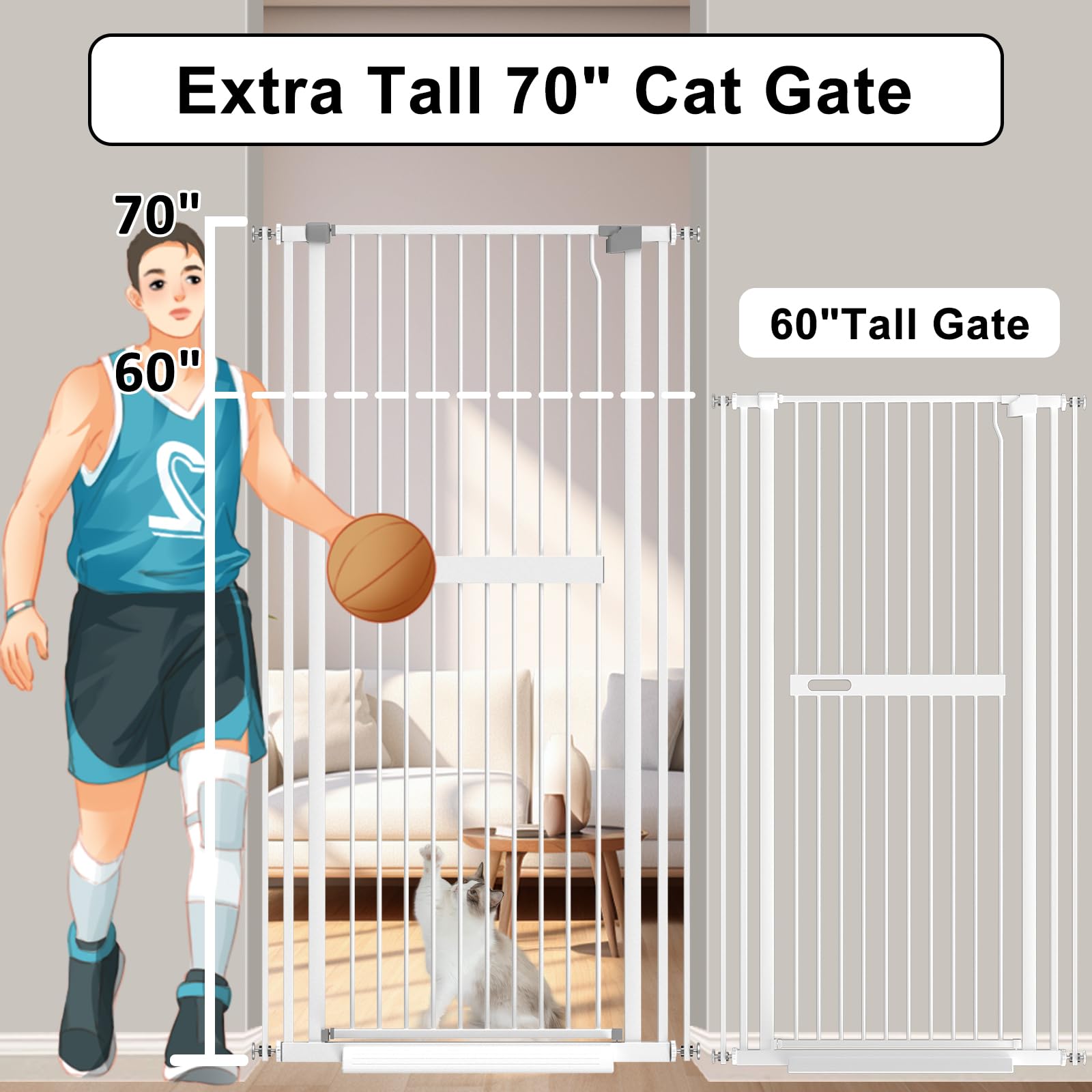 Foreng 71 Inch Extra Tall Cat Pet Gate, 29.80'-45.6' Wide Gate For Cats, Extra Tall Gate Pressure Mounted Extra Tall Pet Gate Walk Through Indoor For Doorways, White