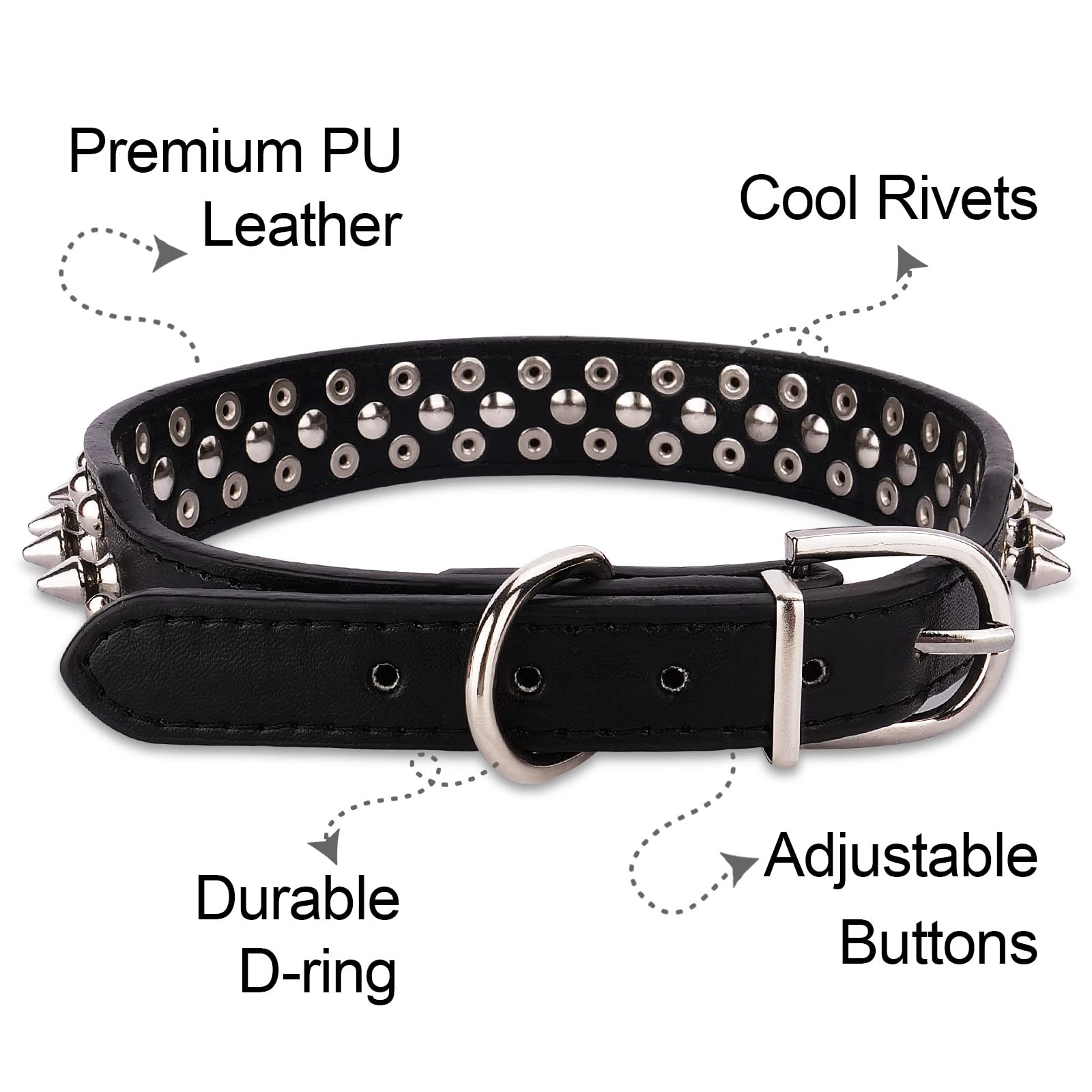 Spiked Dog Collar, Spike Collar For Dogs, Durable Pu Leather Studded Dog Collar With Leash, Epesiri Funny Mushrooms Rivet Small Puppy Dog Collars, Pet Cat Adjustable Collar, Best Gift, Black Xsmall