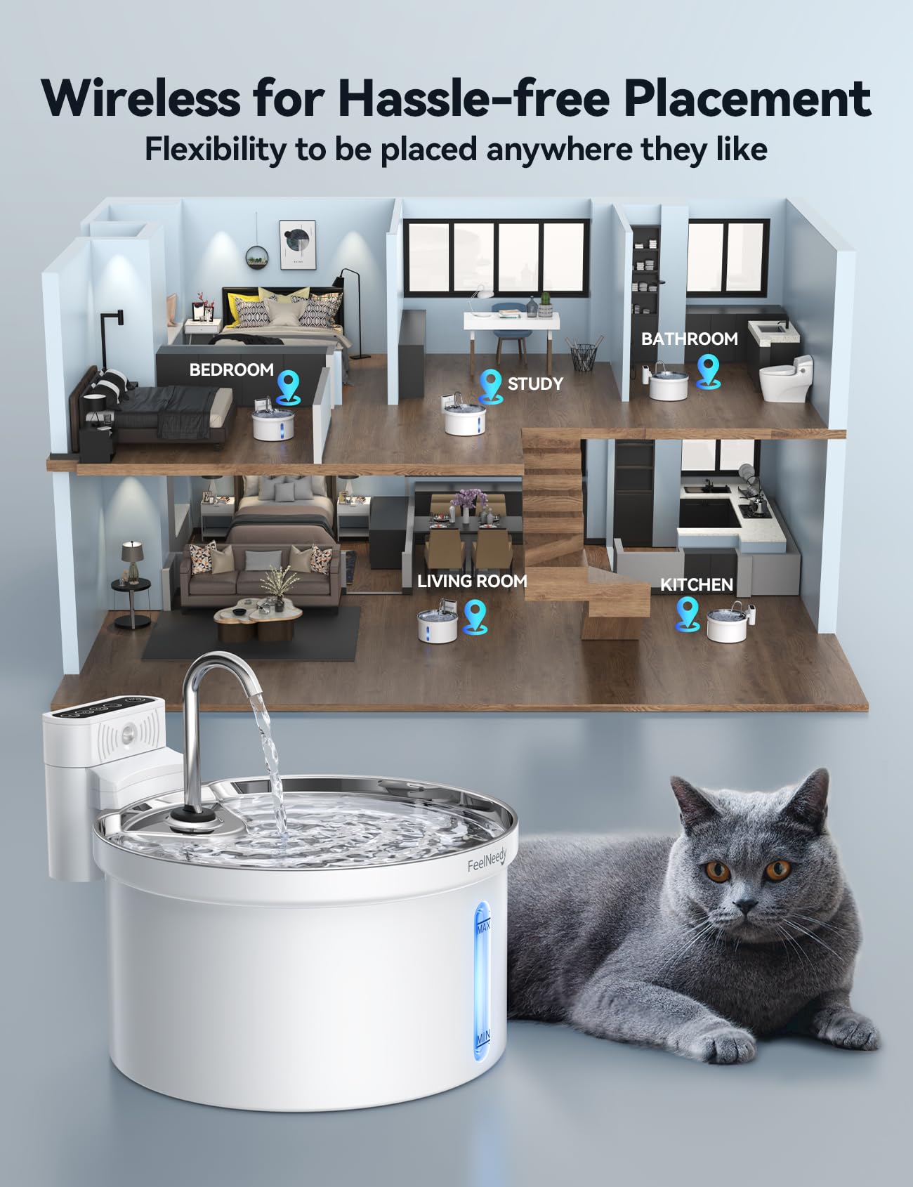 Wireless Cat Water Fountain With Sensor [Water & Battery Separation] Feelneedy Smart Pet Water Fountain, 3.5L/118Oz 4000Mah Batt