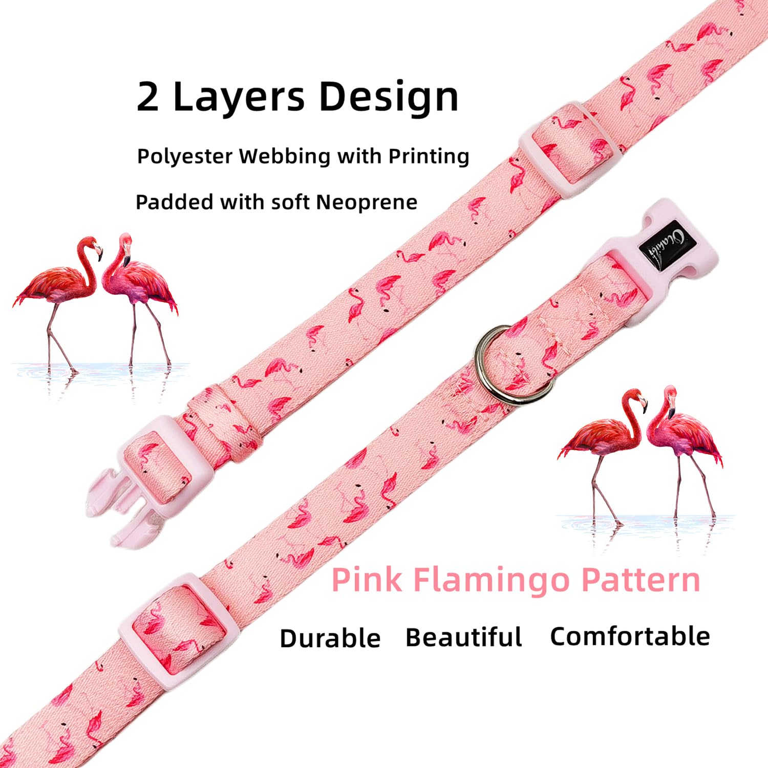 Olahibi Neoprene Padded Dog Collar, Soft And Comfortable, Flamingo Pattern, For Large Dogs.(Large, Pink Flamingo)