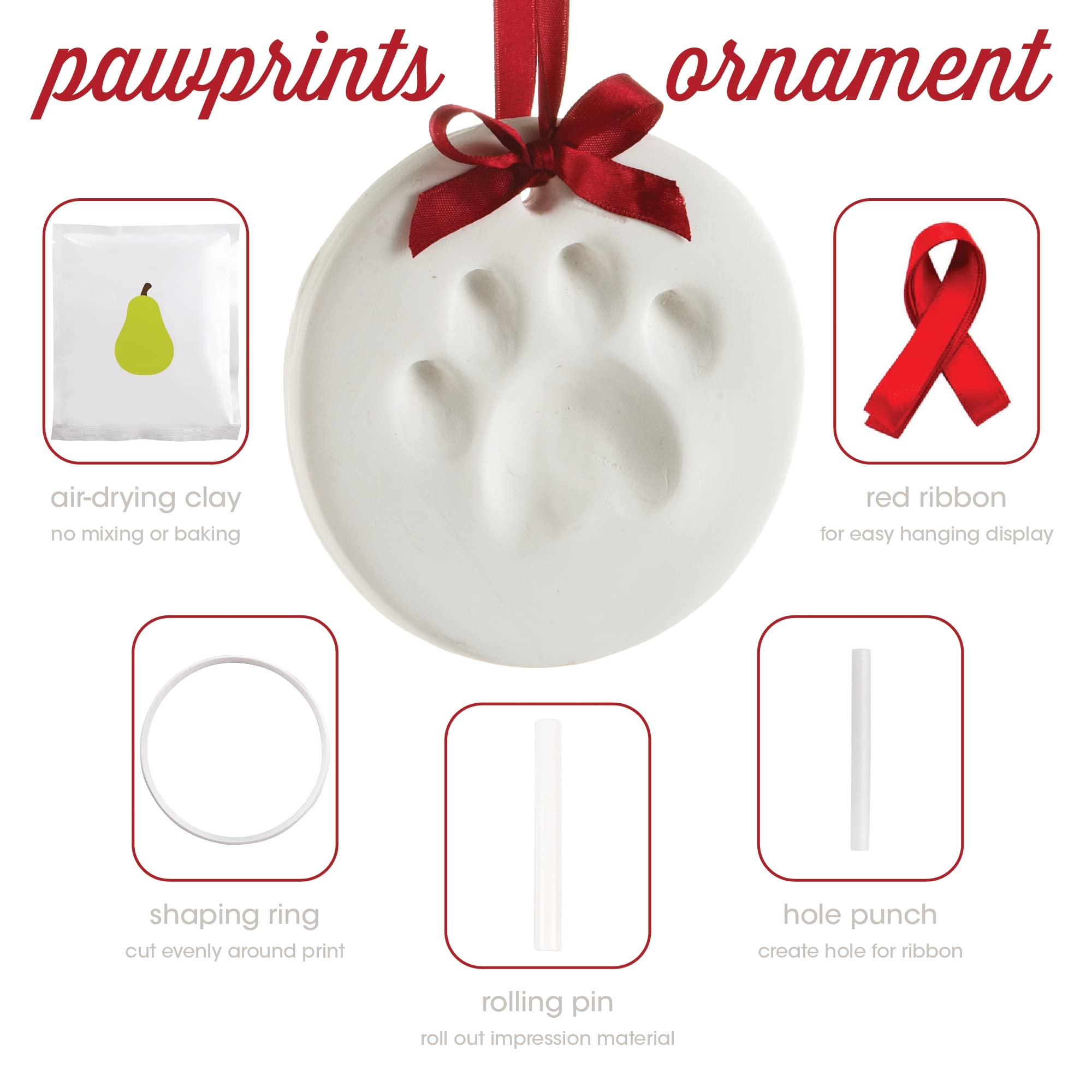 Pearhead Clay Pawprint Christmas Ornament, Pet Owner Holiday Gift, Dog Or Cat Paw Print Keepsake, Diy Pawprint Hanging Ornament, Classic Red Ribbon