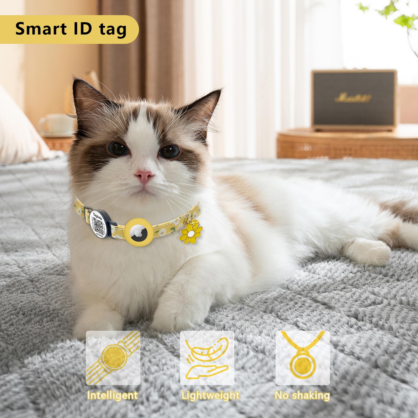 8-13In Airtag Cat Collar Lightweight And Comfortable, Bells & Flower Charm Collar Breakaway With Silicone With Apple Air Tag Hol
