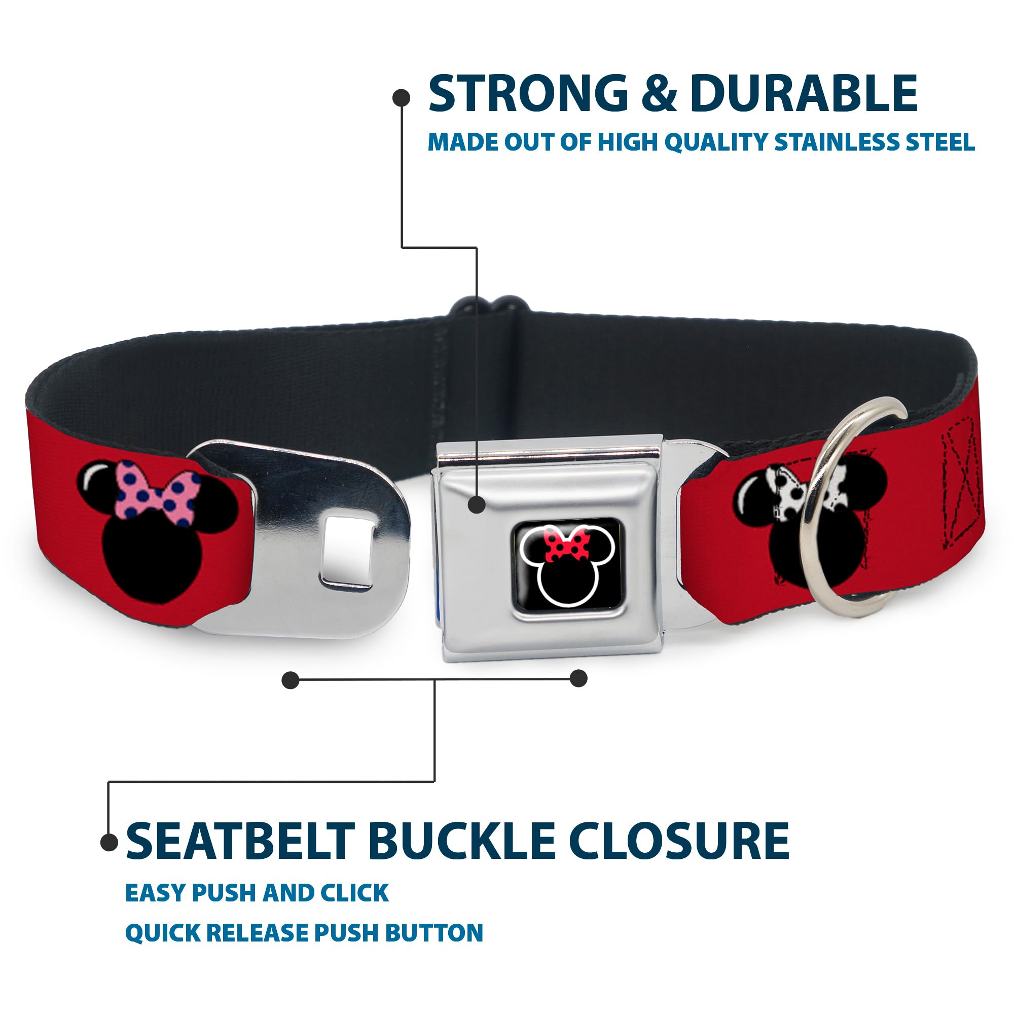 Buckle-Down Seatbelt Buckle Dog Collar - Minnie Mouse Silhouette Red/Black/Polka Dot - 1' Wide - Fits 11-17' Neck - Medium