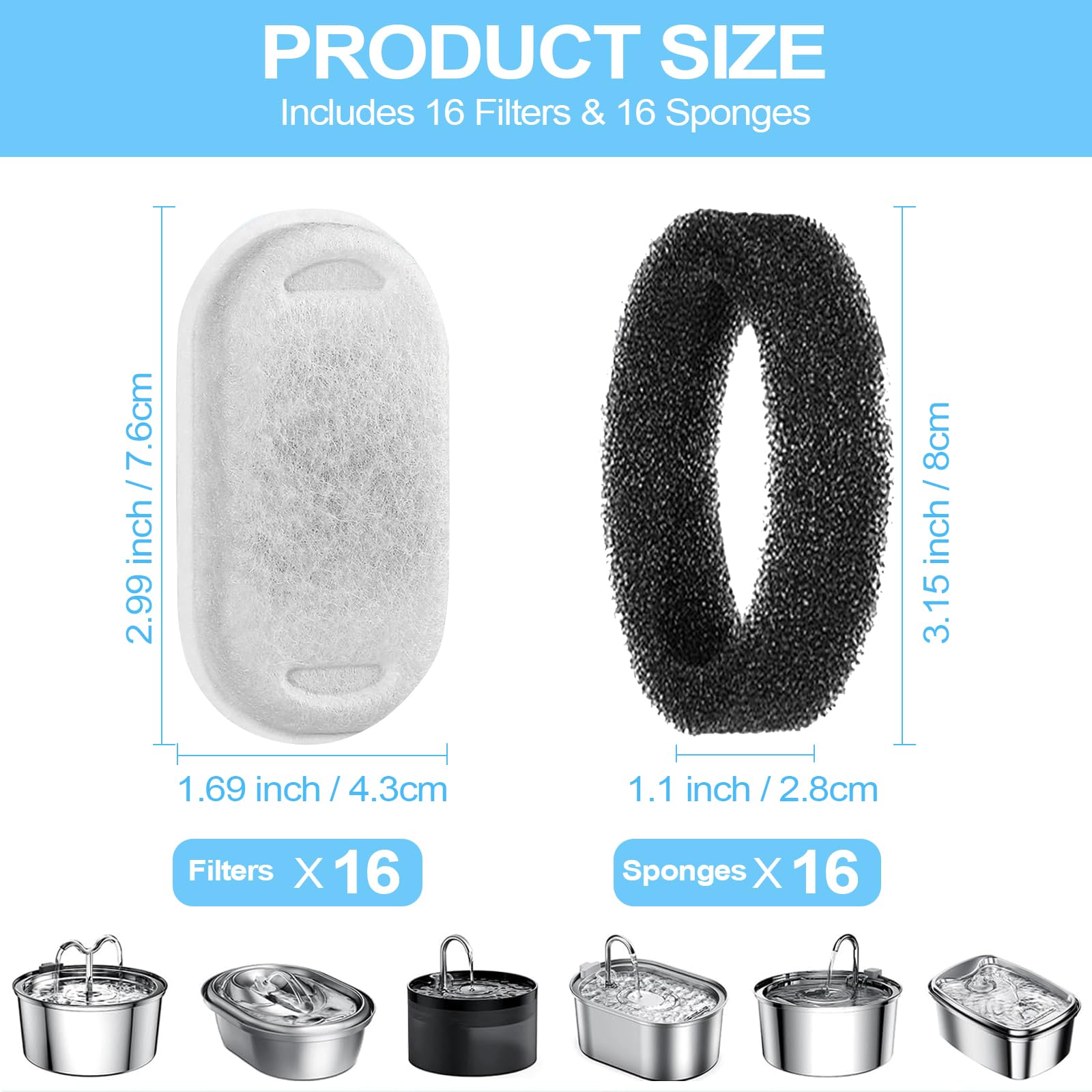 Cat Water Fountain Filter For Stainless Steel 108Oz/3.2L& 67Oz/2L Automatic Pet Water Dispenser Fountian Replacement Filter With