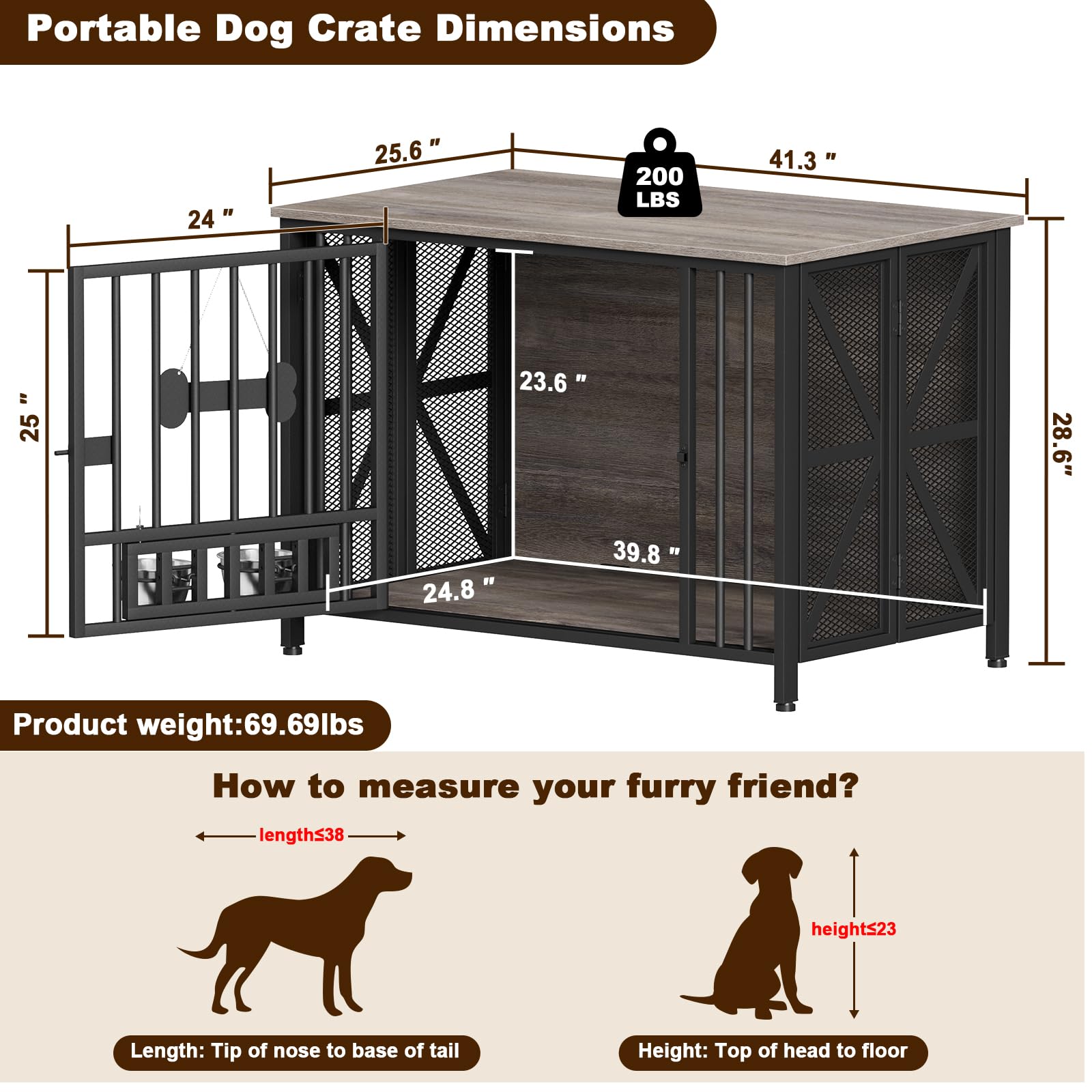 EasyCom Foldable Dog Crate Furniture, 41.3 Dog Crates for Medium/Large Dogs, Wooden Dog Kennel Indoor with Tag & Adjustable Bowl