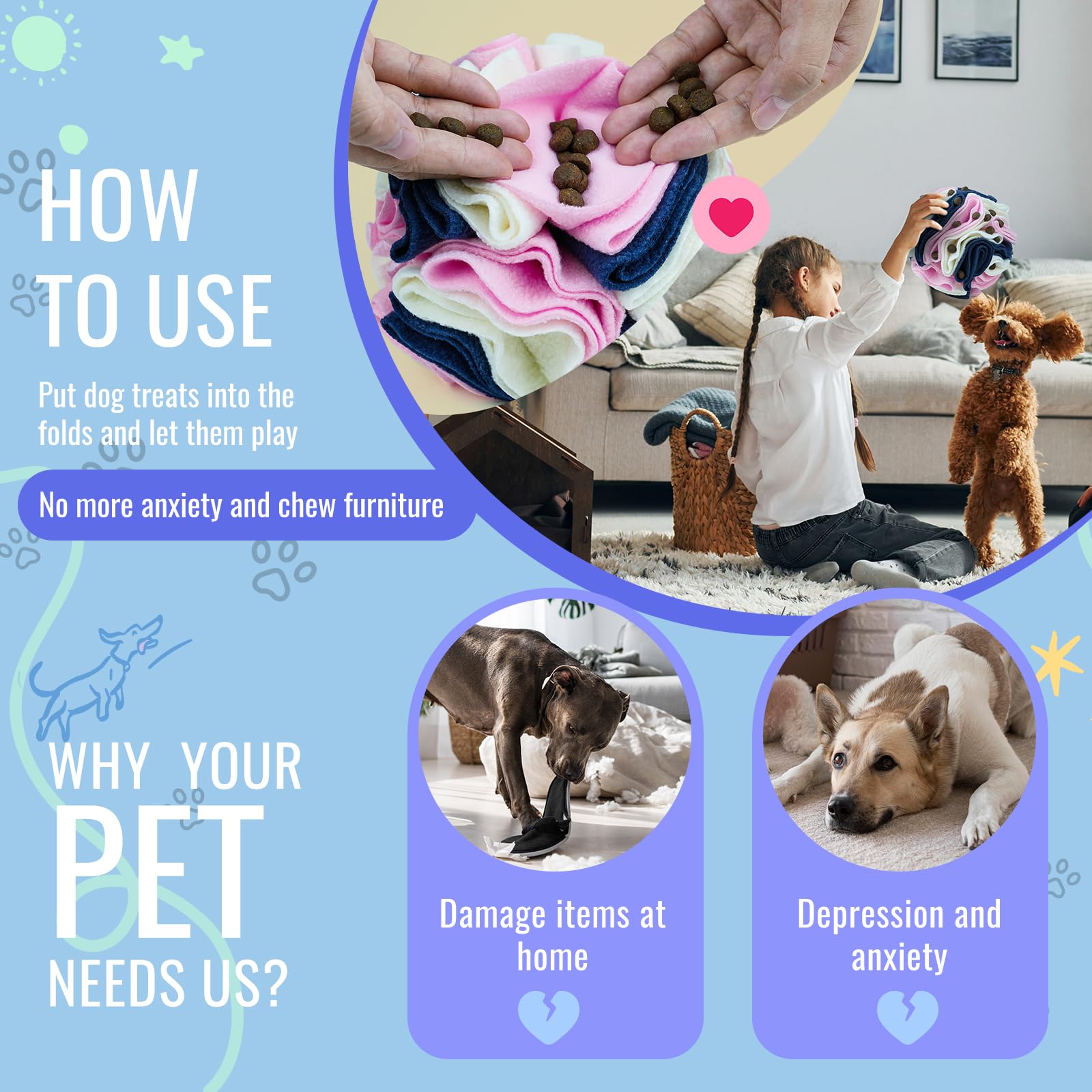 Larimuer Pet Snuffle Ball - Puzzle Sniffing Interactive Dog Ball For Blind Dogs Training & Stress Relief - Machine Washable (15C