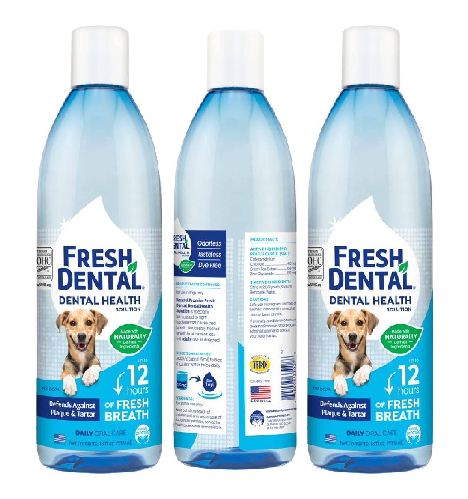 Naturel Promise Fresh Dental Dental Health Solution for Dogs, 18oz - 3 Pack - Oral Health Solution for Dogs - Easy to Use - Help