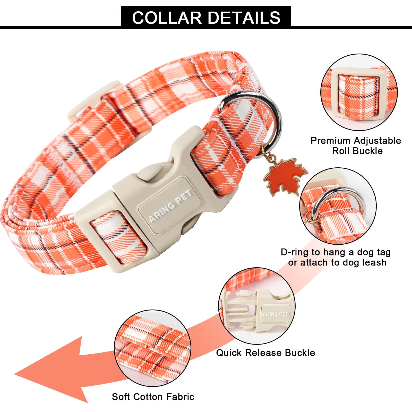 Aring Pet Halloween Dog Collar-Cute Orange Plaid Dog Collars, Adjustable Fall Pet Collars Puppy Collar With Quick Release Buckle