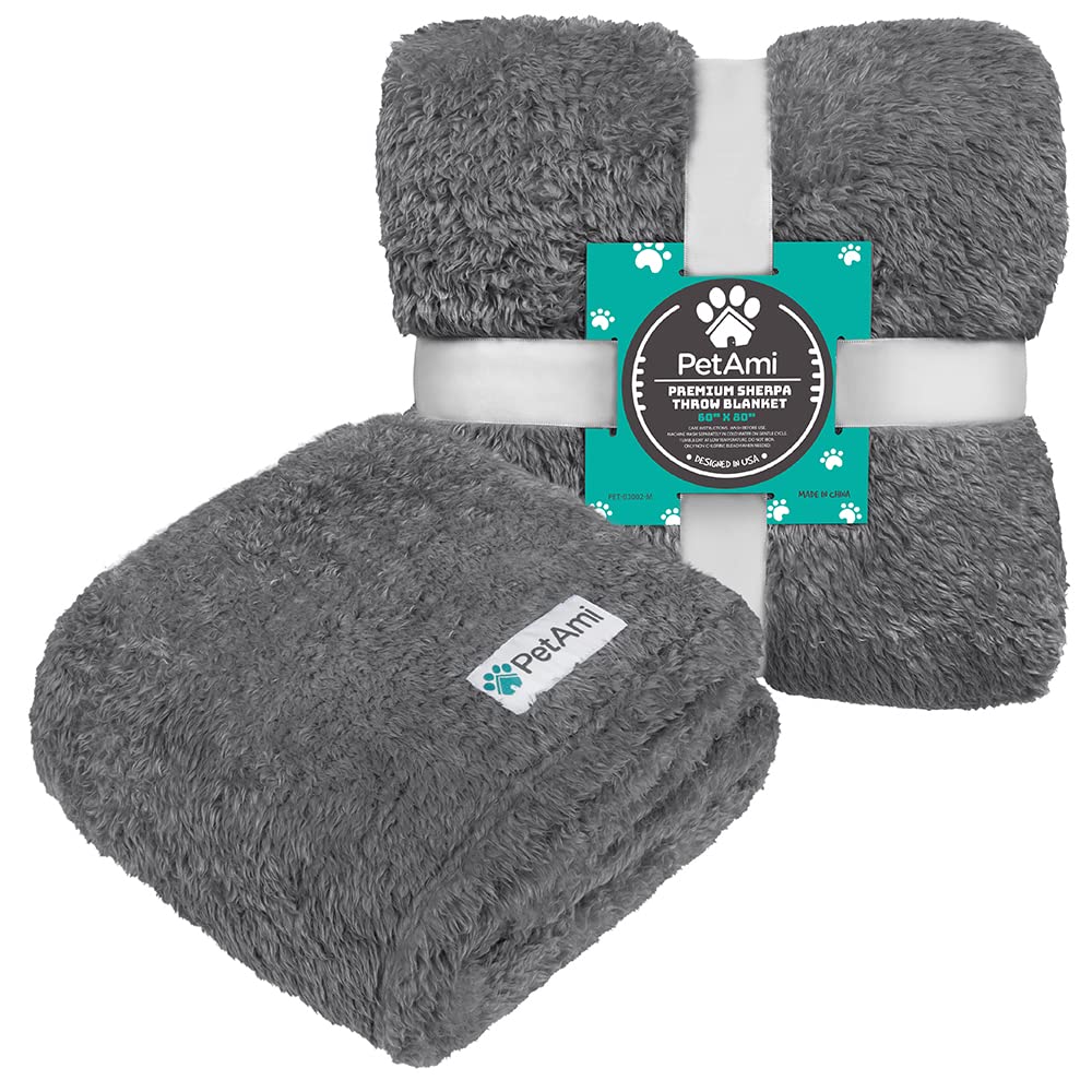 Petami Fluffy Dog Blanket For Large Giant Dog, Plush Warm Pet Blanket For Bed, Sherpa Furniture Couch Cover Protector, Soft Fleece Cat Throw, Shag Reversible Washable Crate Kennel Cover, Gray 60X80