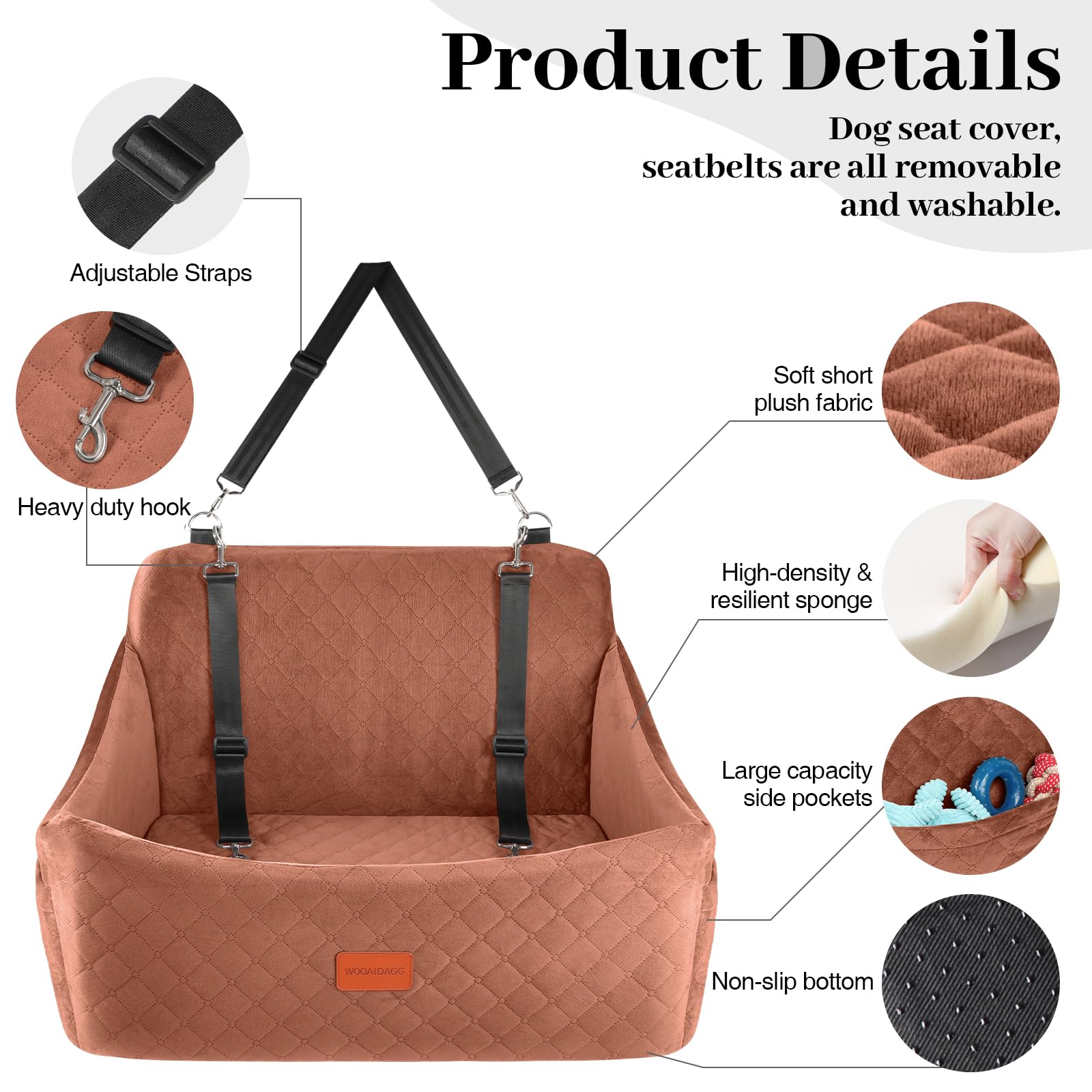 Wooaidagg Dog Car Seat for Medium & Large Dogs Up to 55lbs, Memory Foam Cushion, Washable Cover, Safety Straps & Non-Slip Base (