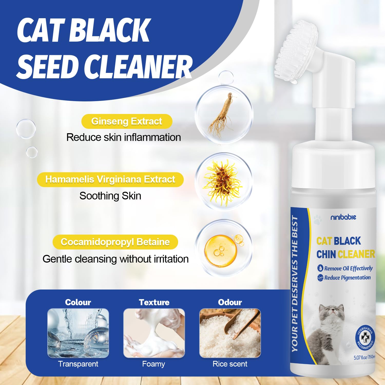 Ninibabie Cat Black Seed Cleaner,Remove Cat Chin Blackheads,Cat Acne Chin Treatment,2-In-1 Wash And Brush,Cruelty-Free And Fresh