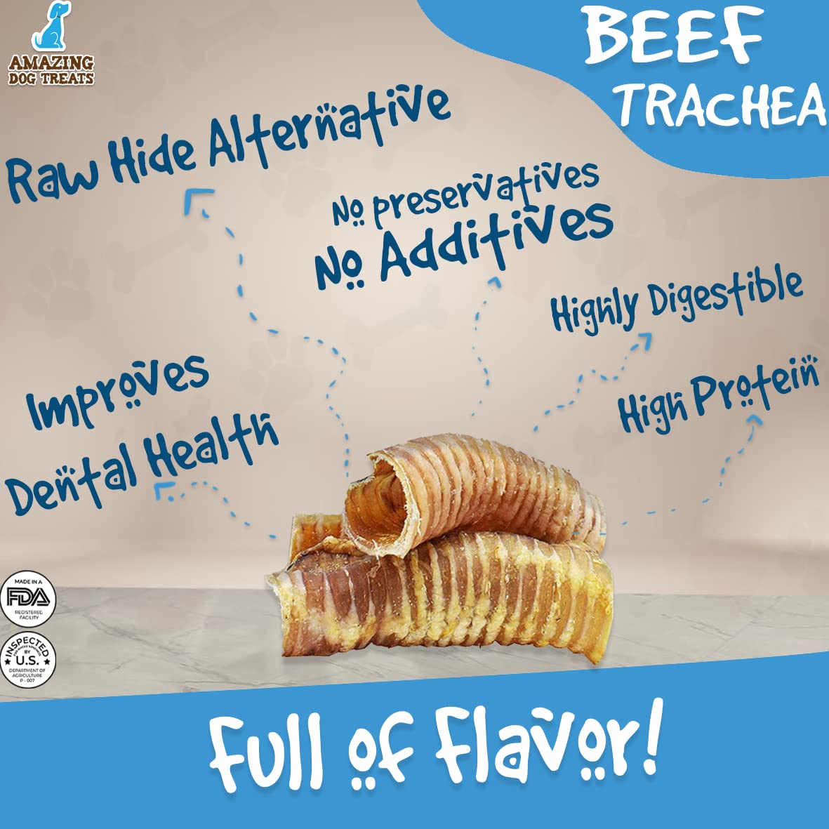 Amazing Dog Treats - 6 Inch Beef Trachea Dog Chews (20 pcs - 32 oz) - Trachea Dog Treats - NO Hide - Digestible and Safe Chews f