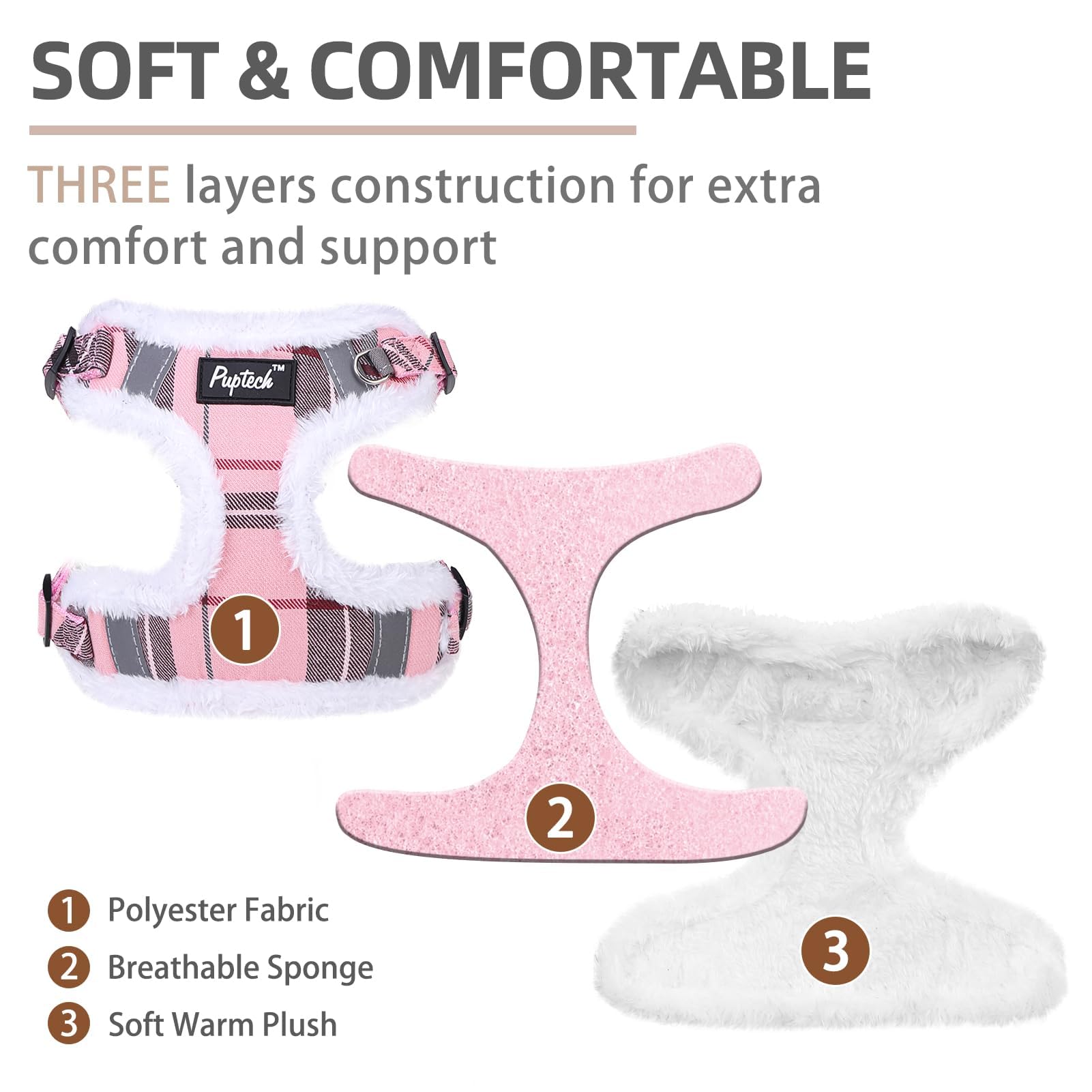 PUPTECK No Pull Dog Harness and Leash Set Reflective No Choke Step in Puppy Halter for XS Small and Medium Sized Dogs, Pink Plai