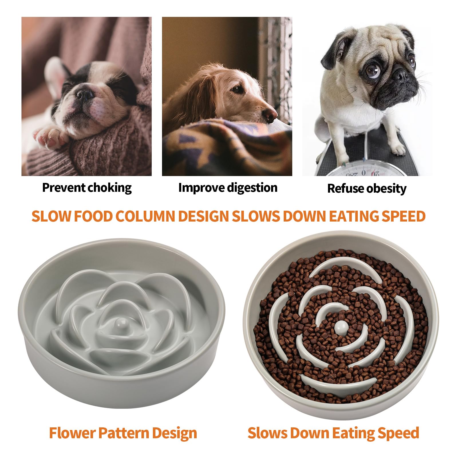 8.26 in Grey Dog Bowl Slow Feeder Ceramic for Medium and Large Breed,Elevated/Raised Slow Feeding Dog Food Water Dish Heavy Weig