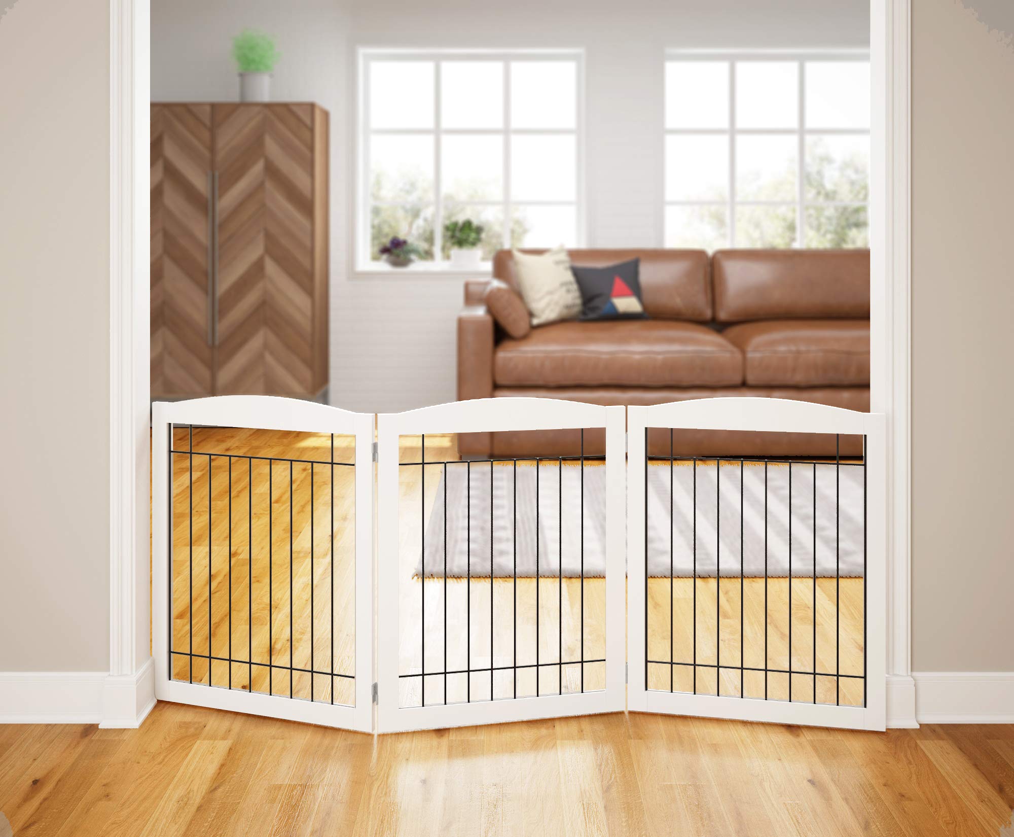 PAWLAND Extra Wide Dog gate for The House, Doorway, Stairs, Freestanding Foldable Wire Pet Gate, Pet Puppy Safety Fence, 30 Heig