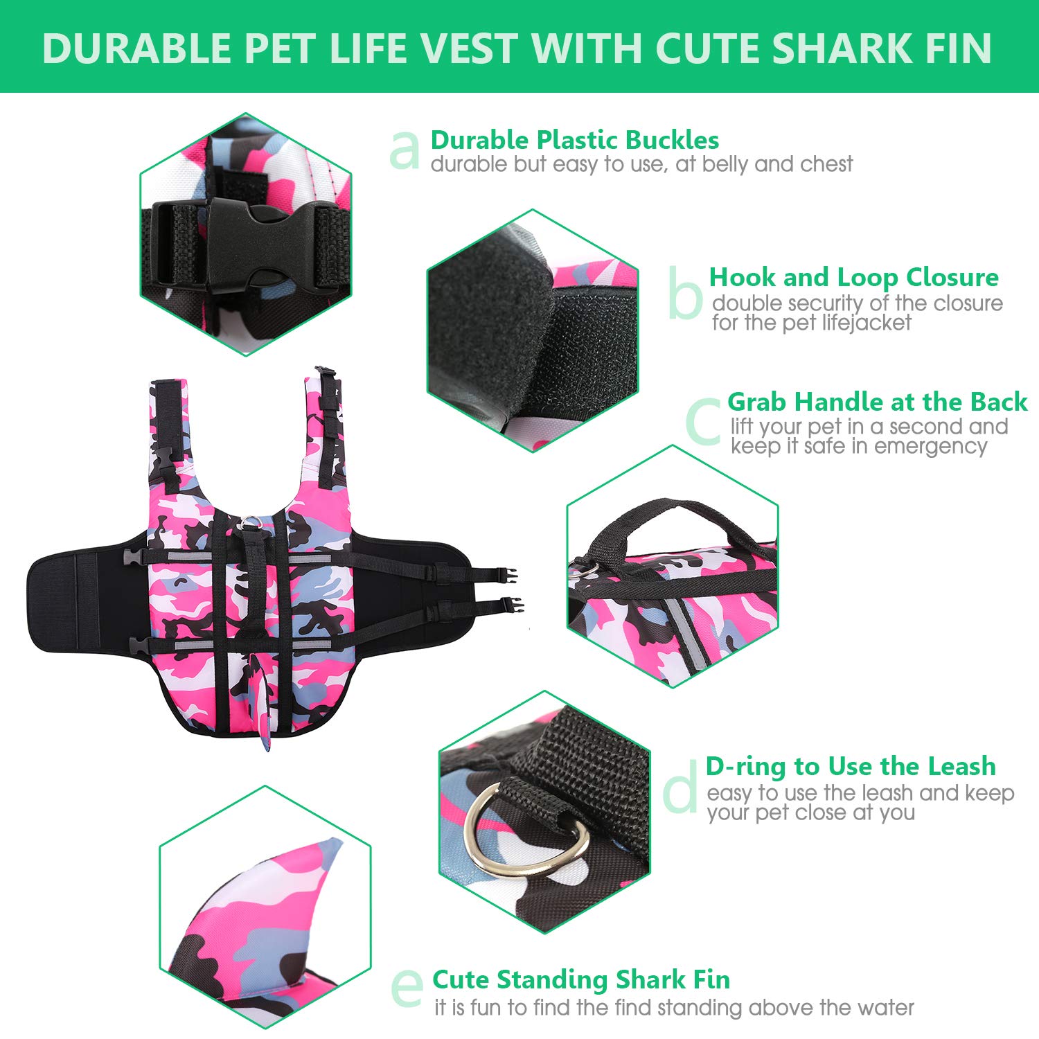 Queenmore Dog Life Jacket Pet Safety Vest High Buoyancy Camouflage Color Cute Shark with Strong Rescue Handle and Leash Ring for