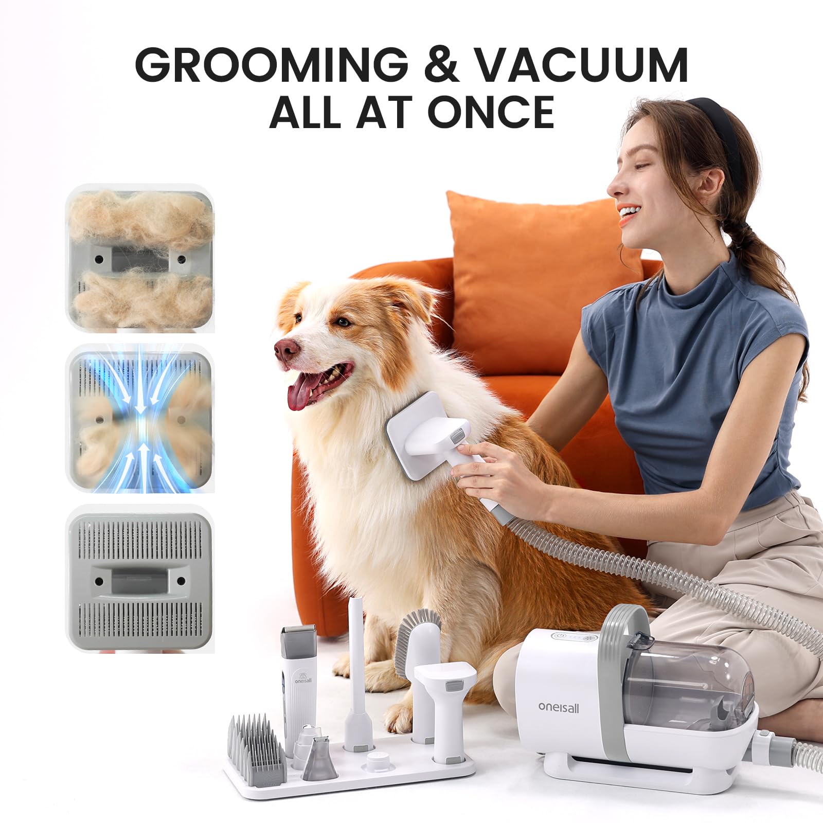 oneisall Dog Grooming Vacuum, Pet Grooming Vacuum with Clipper Nail Grinder, 1.5L Dust Cup Dog deshedding Vacuum Brush with 7 Pe
