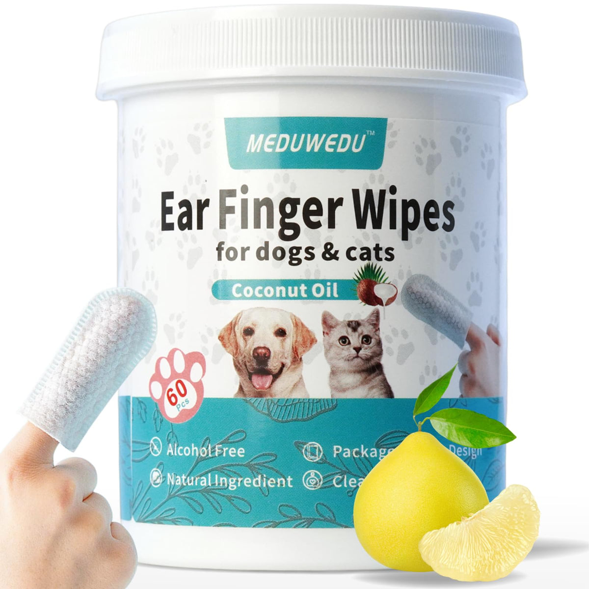 Meduwedu Ear Cleaner Finger Wipes 60 Counts, Dog Ear Cleaner,Soft & Easy Otic Cleaning Pads, Remove Wax, Dirt & Stop Smelly, Itchy, Non-Irritating, Grapefruit Scent