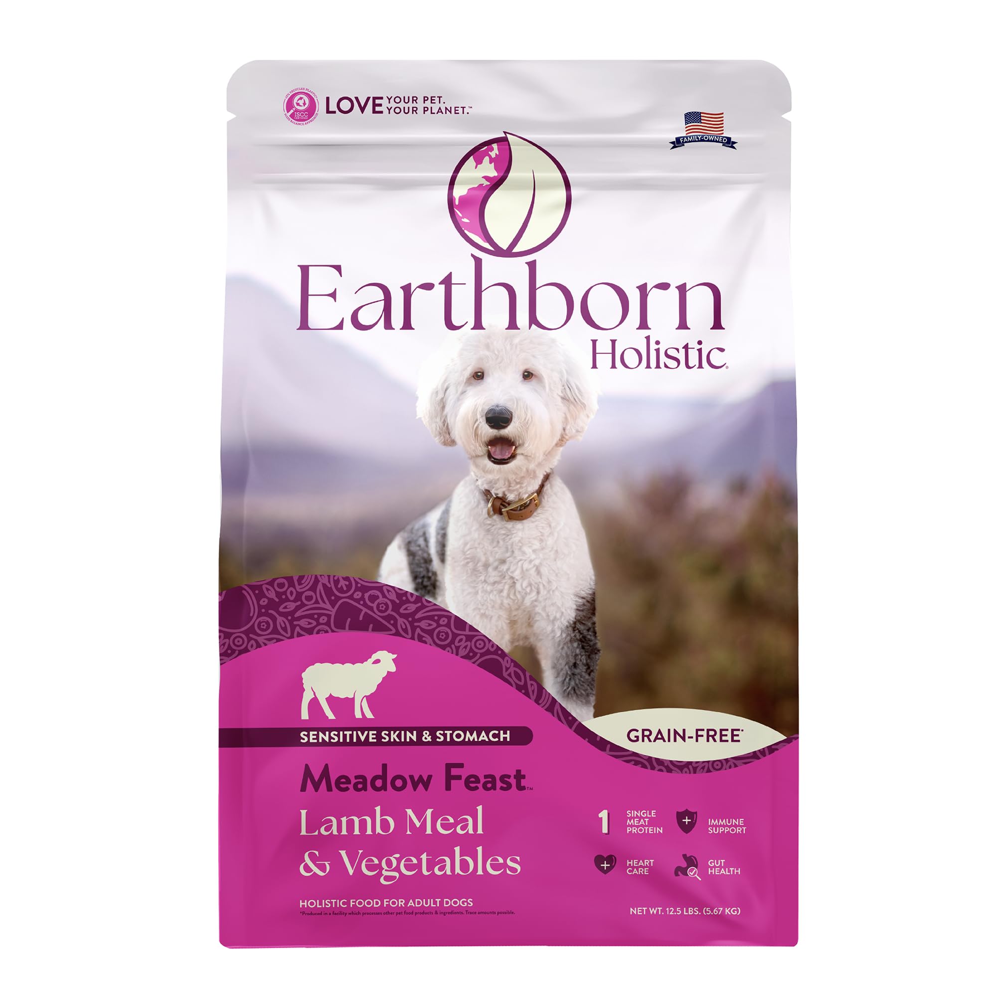 Earthborn Holistic Meadow Feast Lamb Meal & Vegetables Grain-Free Sensitive Skin & Stomach Dry Food for Adult Dogs (12.5 lb. Bag