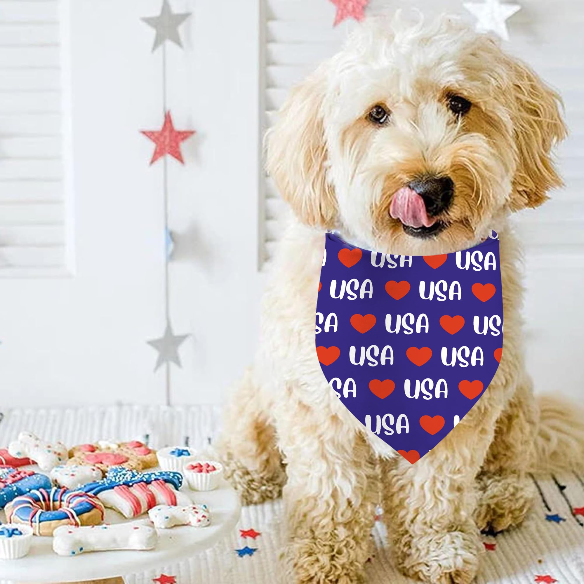 4Th Of July Dog Bandanas, Reversible Dual-Layer Patriotic Theme Design 2 Pack, I Love Usa Independence Day Square Dog Kerchief,