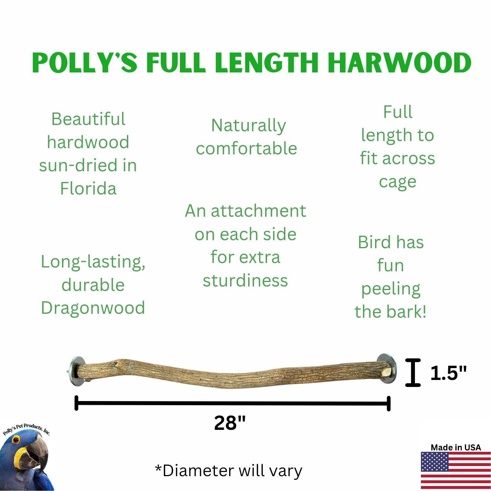 Polly'S Full Length Hardwood Bird Perch, 28-Inch
