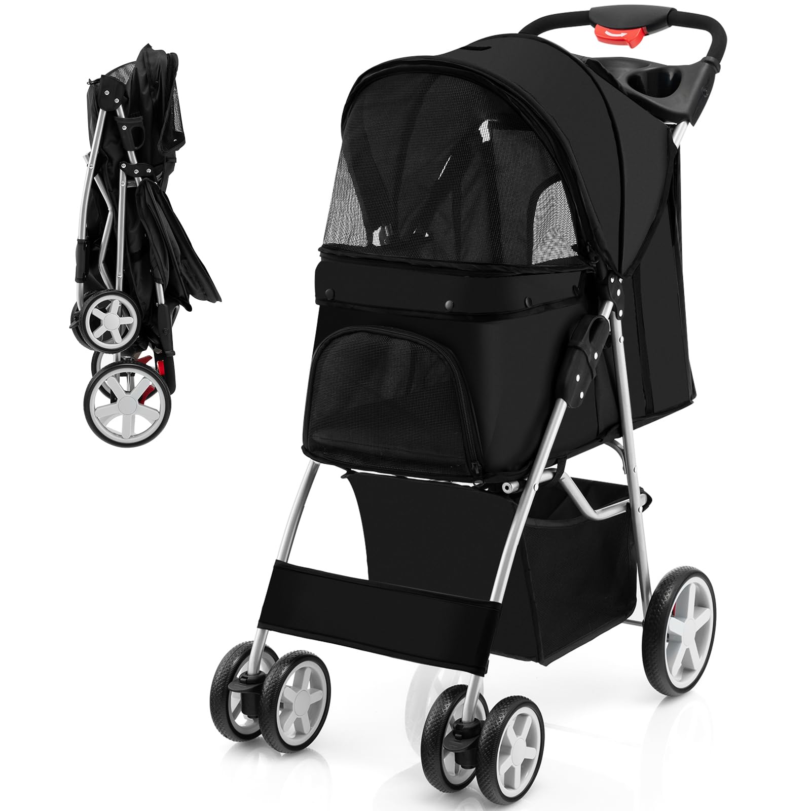 Giantex Folding Dog Stroller For Small Medium Dogs Cats Puppy, 4 Lockable Wheels Cat Stroller Pet Travel Carrier Strolling Cart,
