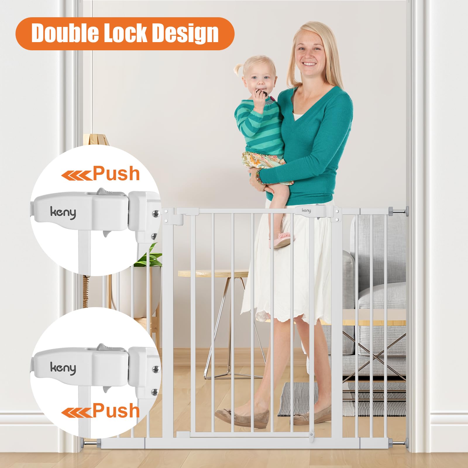 Keny 29-42.5 Baby Gate For Stairs, Auto Close Safety Dog Gate, Pressure Mounted Easy Walk Through Pet Gate For Doorways, Durable