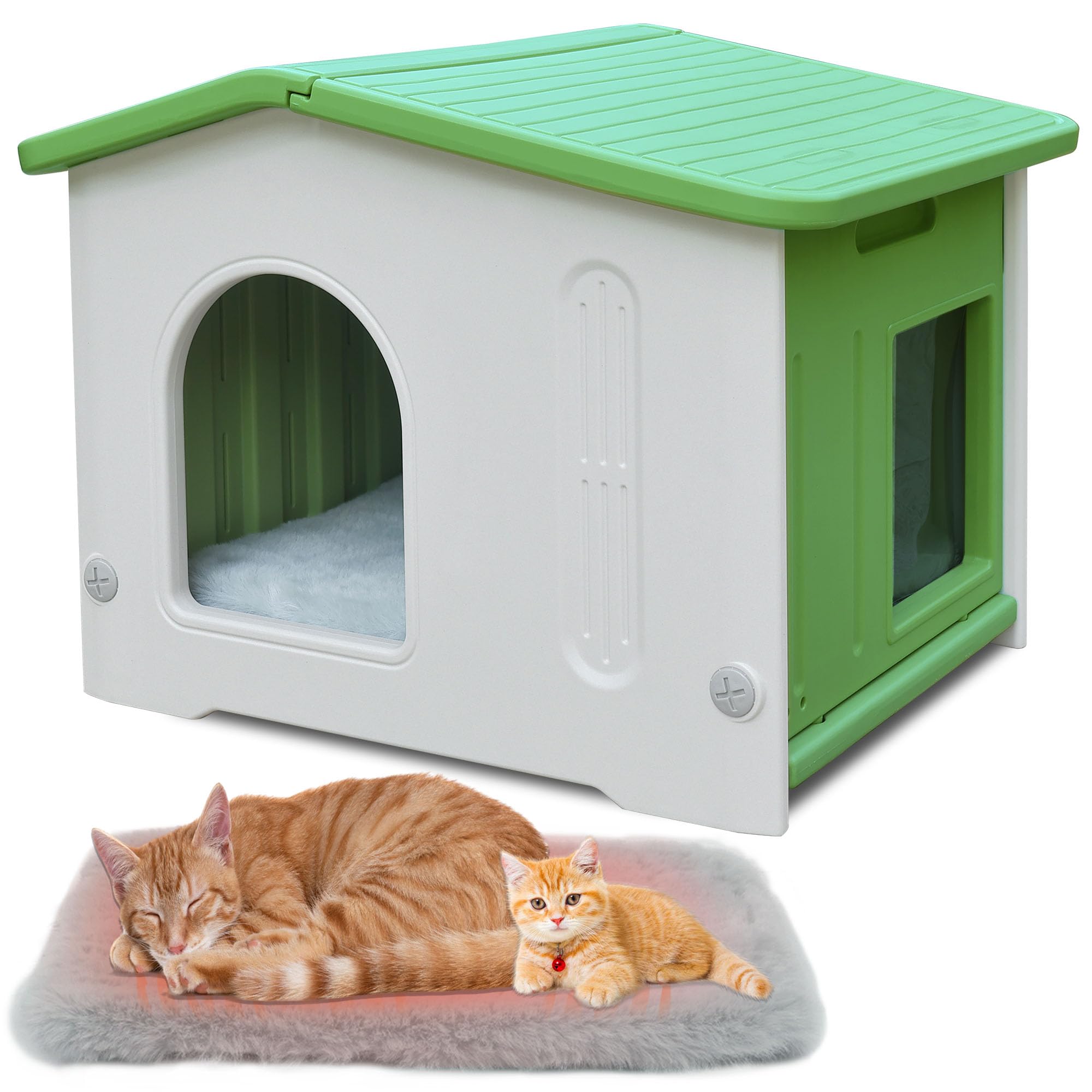 Weatherproof Cat House for Outdoor Indoor Use, Plastic Feral Cat House with Escape Door and Soft Mat, Outside Cat Shelter for Sm