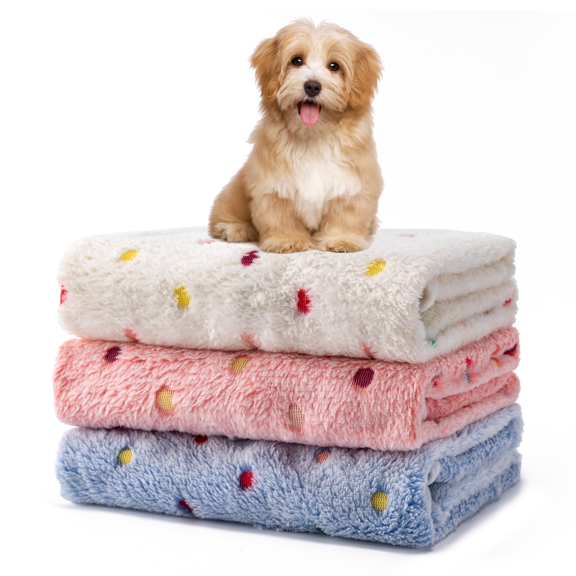 1 Pack 3 Blankets Fluffy Premium Fleece Soft Pet Blanket Flannel Throw for Cat Dog Puppy (Medium 30x20'', Dot-White/Pink/Blue)