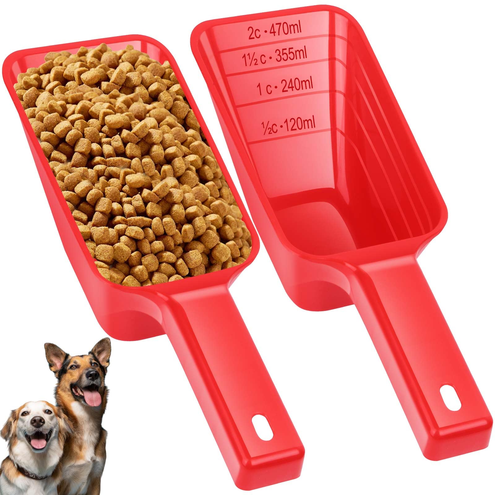 2 Cup Dog Food Scoop(2 Pack), Plastic Pet Food Scoop with Measuring Lines for Accurate Pet Food Portions,Dishwasher Safe (Red)