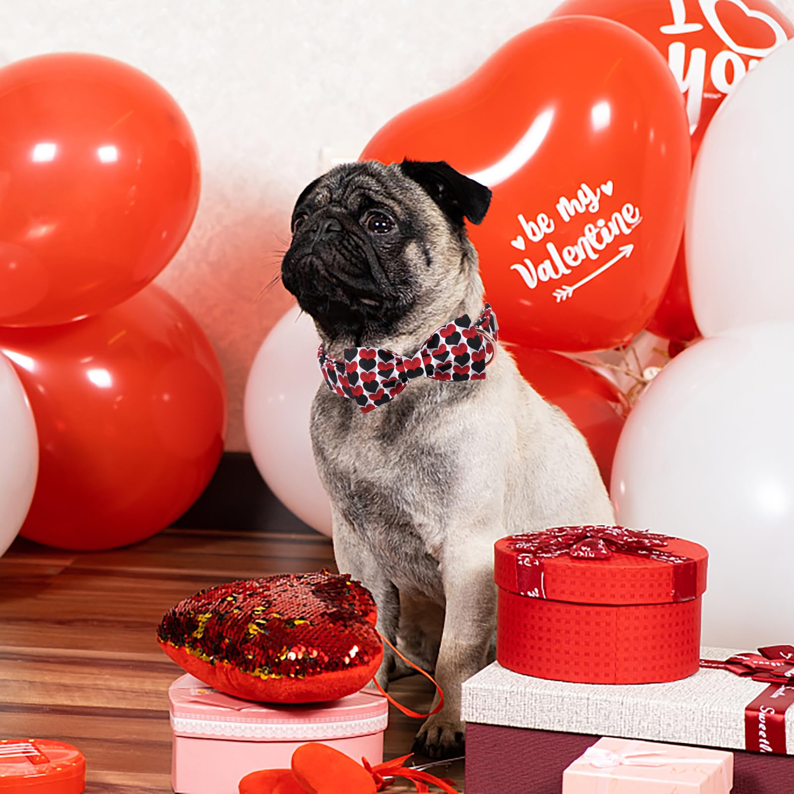 Babole Pet Valentine Dog Collar for Small Dog with Bow Tie, Red&Black Love Heart Valentine Dog Collars with Safety Metal Buckle