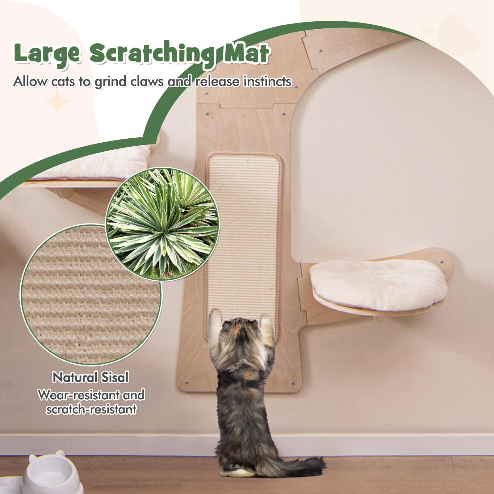 Tangkula Cat Wall Shelves, Wall Mounted Cat Tree Furniture with 4 Padded Platforms, Hammock, Sisal Scratching Mat, Removable & W